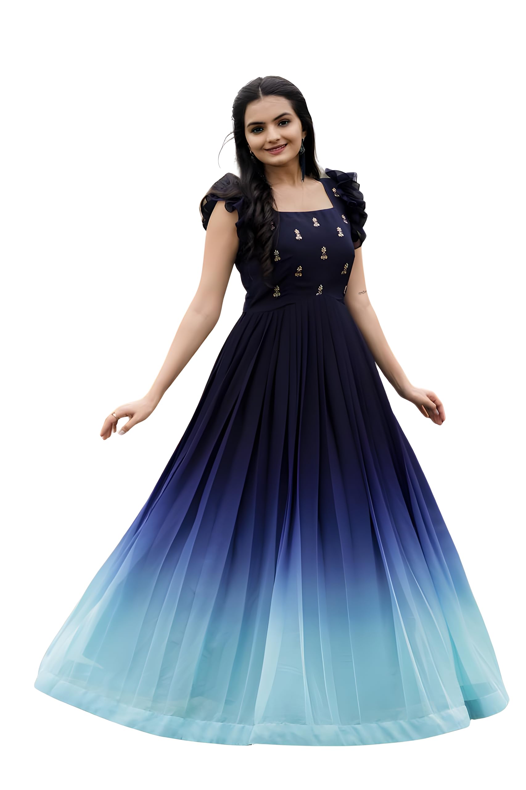 foxdx Women's Georgette Ankle Length Dual Shaded Flared Embroidered Gown-picture-32