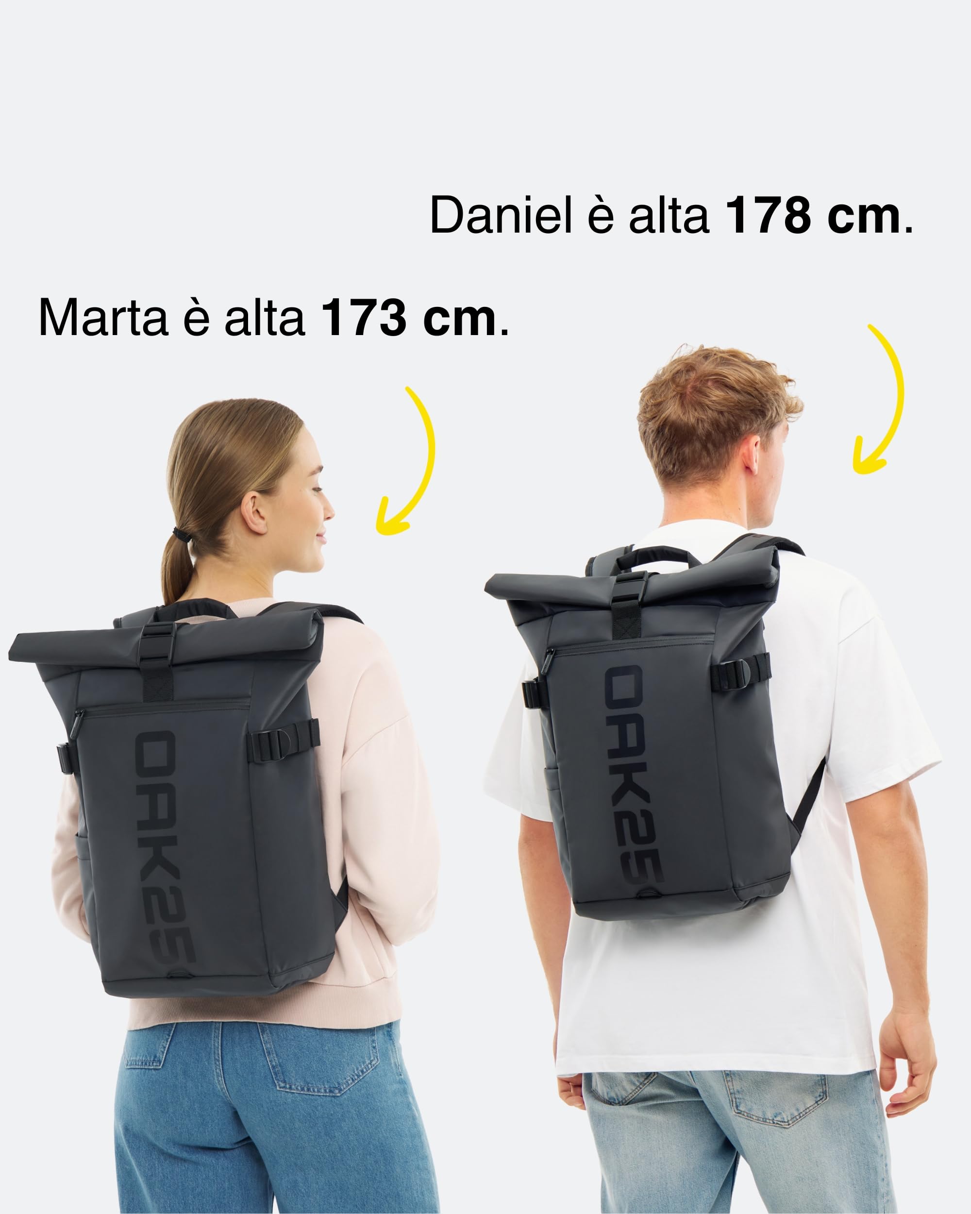OAK25 Zaino Rolltop Riflettente da Donna & Uomo Nero - LumoSense Rolltop Lite - Zaino Roll Top per il Lavoro e la Bicicletta - Scomparto per Laptop fino a 16 Pollici - Daypack 19L Riflettente