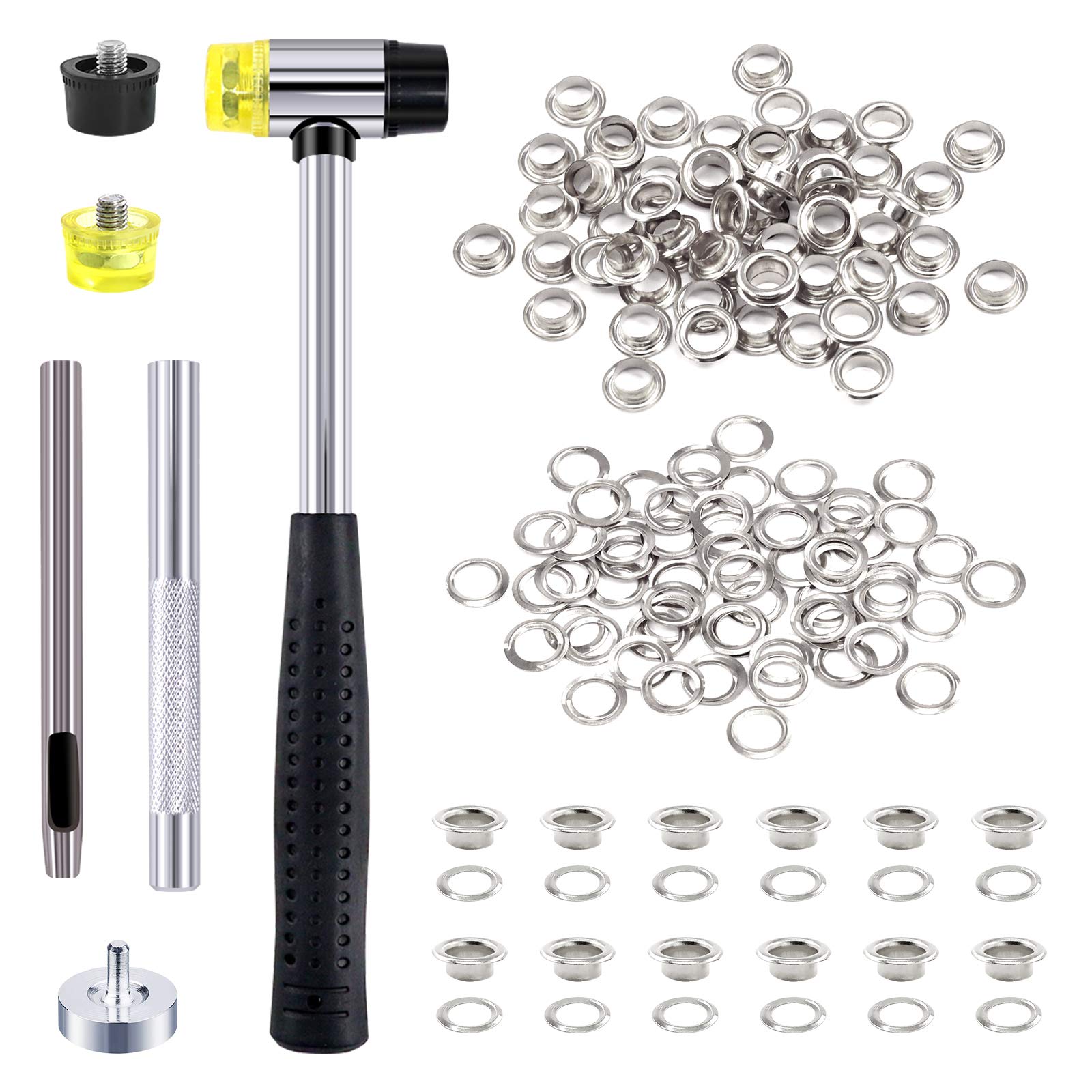 Swpeet 206 Sets 1/4 Inch - 6mm Sliver Grommet Eyelets Assortment Kit with Setting Install Tool, Including Rubbe Lightweight Soft Mallet, Metal Eyelets Kits Shoe for Leather Fabric Belt Clothes