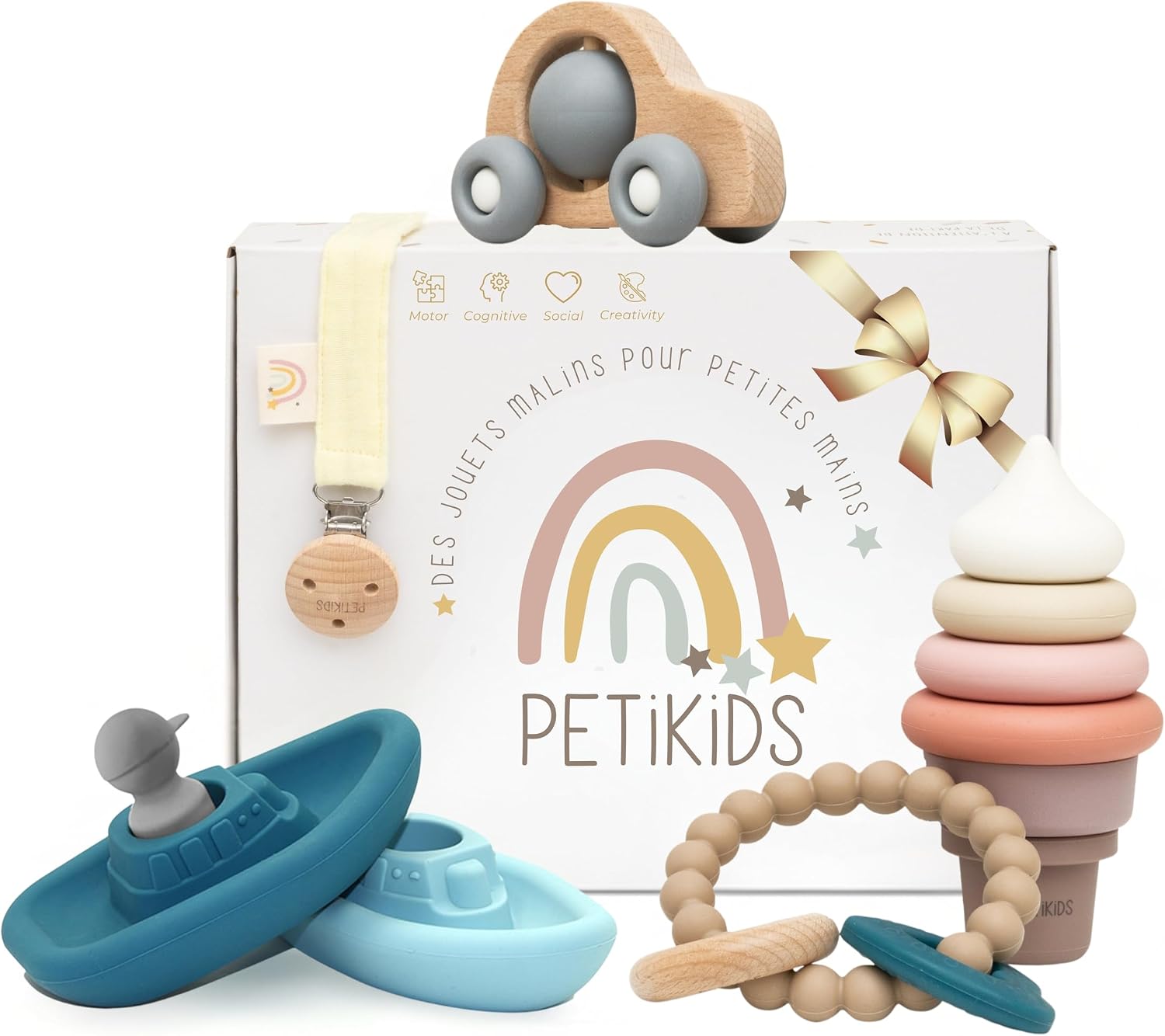 Toy for Babies 3-36 Months - Gift Set for Birth - 5 Montessori Toys for Babies Wood & Silicone 1 Bath Toy 1 Stacking Tower 1 Teething Ring 1 Wooden Car + 1 Dummy Chain