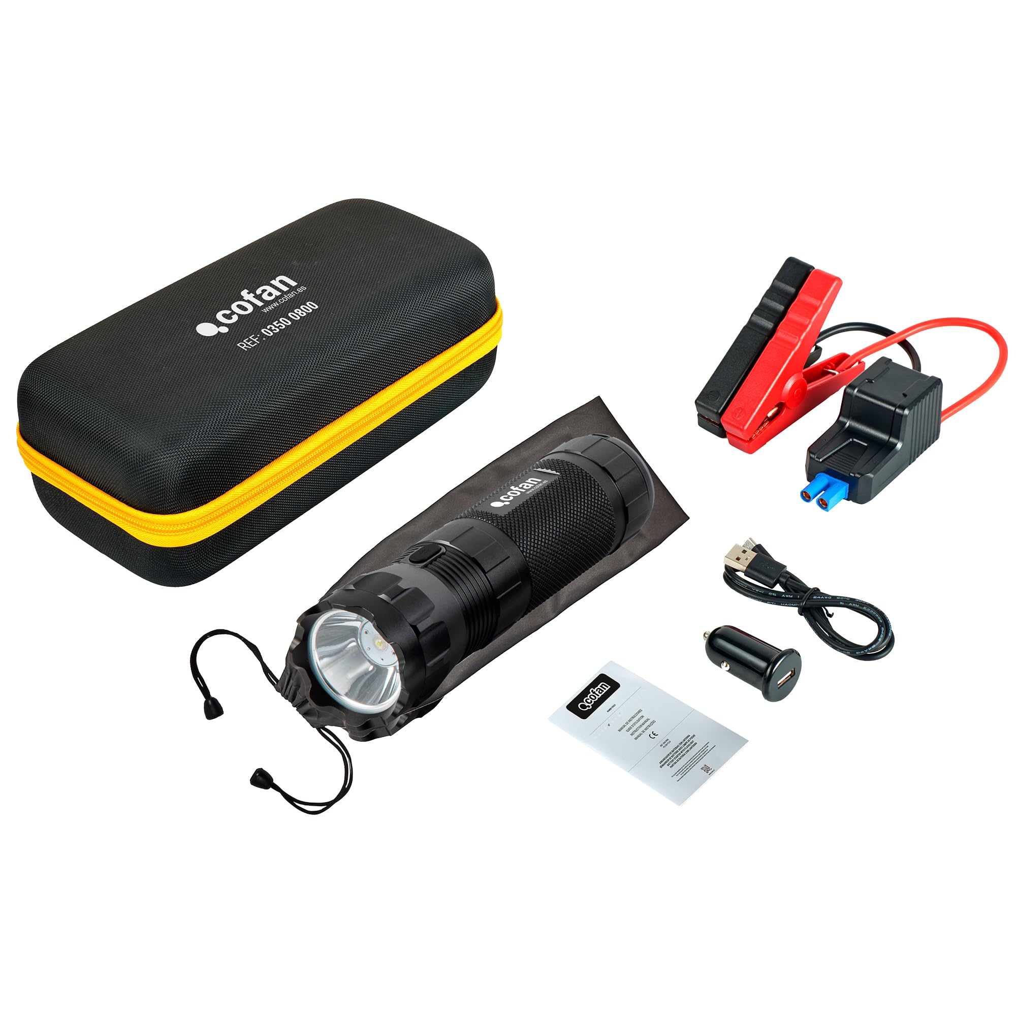 Cofan Arrancador de baterías | con Linterna LED y Power Bank USB | 600 A | 330 lúmenes | Adecuado para Coches de Gasolina hasta 5000 CC y diésel hasta 3000 CC