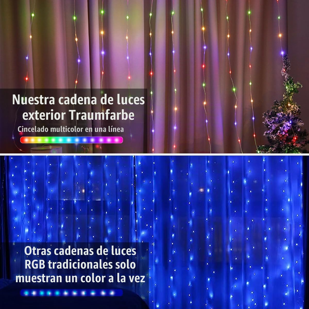 QINER Cortina de Luces, 3x 3m 300 LED Cadena de Luces Hadas con App & Mando a Distancia