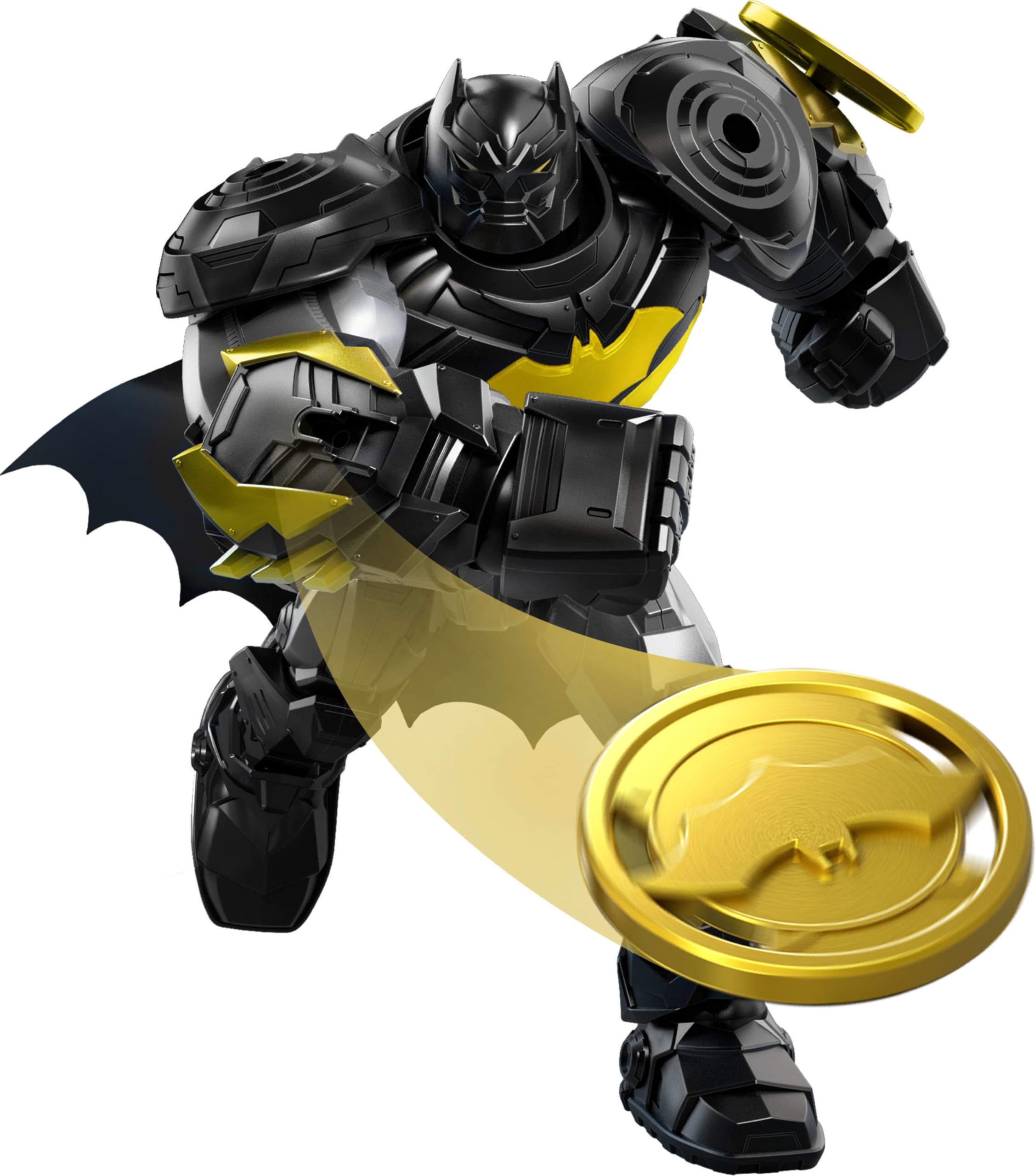 Mattel DC Premier - Batman figurka ze światłami i 8 różnymi dźwiękami, nosi ponadwymiarową zbroję robota z akcesoriami, w tym wyrzutnią pocisków i dyskami bojowymi, JMP84
