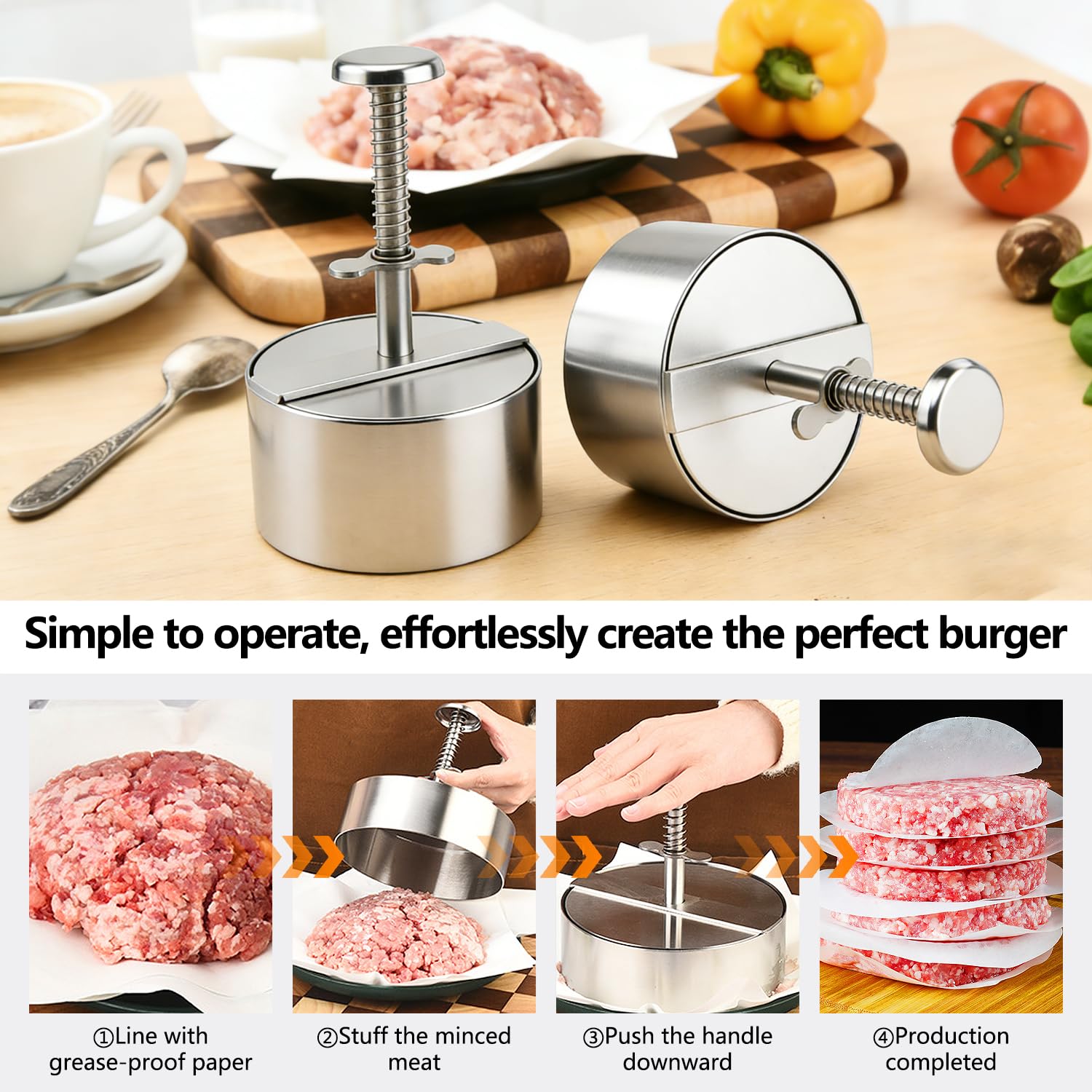 304 Acero Inoxidable Prensa Hamburguesas Hacer Hamburguesas de 11Cm de Diámetro Incluye 150 Láminas Papel Horno Molde para Hacer Hamburguesas Adecuado para Barbacoas y Ocasiones Similares