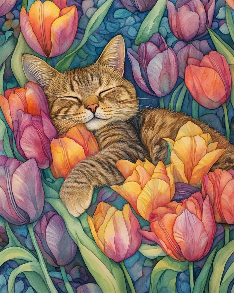 Henypt Home Cross Stitch Kits for Adults Pre Printed, Cat and Tulips DIY 11Ct Embroidery Sewing Starter Kit Stamped Needlework Easy Beginners (Stamped Home)