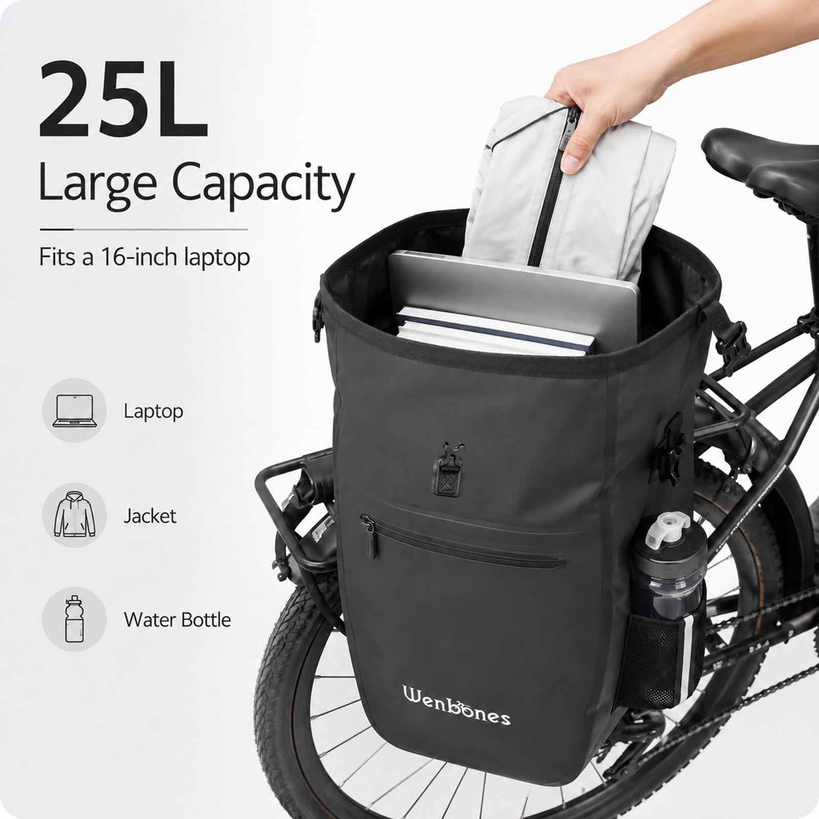 3in1 Fahrradtasche, 25L, wasserdicht, mit Laptopfach | Gepolsterte Träger, Schnellverschluss, Seitentaschen, Robuste Nähte, für Pendler, Radler, Studenten, Alltag, Beruf, Reisen