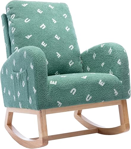 Setawix Mecedora de peluche para guardería, sillón moderno de mediados de siglo con bolsillo lateral, mecedora tapizada de madera con respaldo alto
