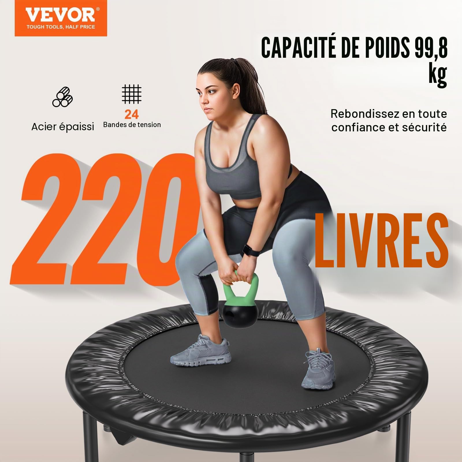 VEVOR Mini Trampoline Pliable, 934 mm, Fitness rebounder, Charge maximale 100 kg, Petit Trampoline d'entraînement d'intérieur Stable et Silencieux, pour Exercice, entraînement, Fitness pour Adultes