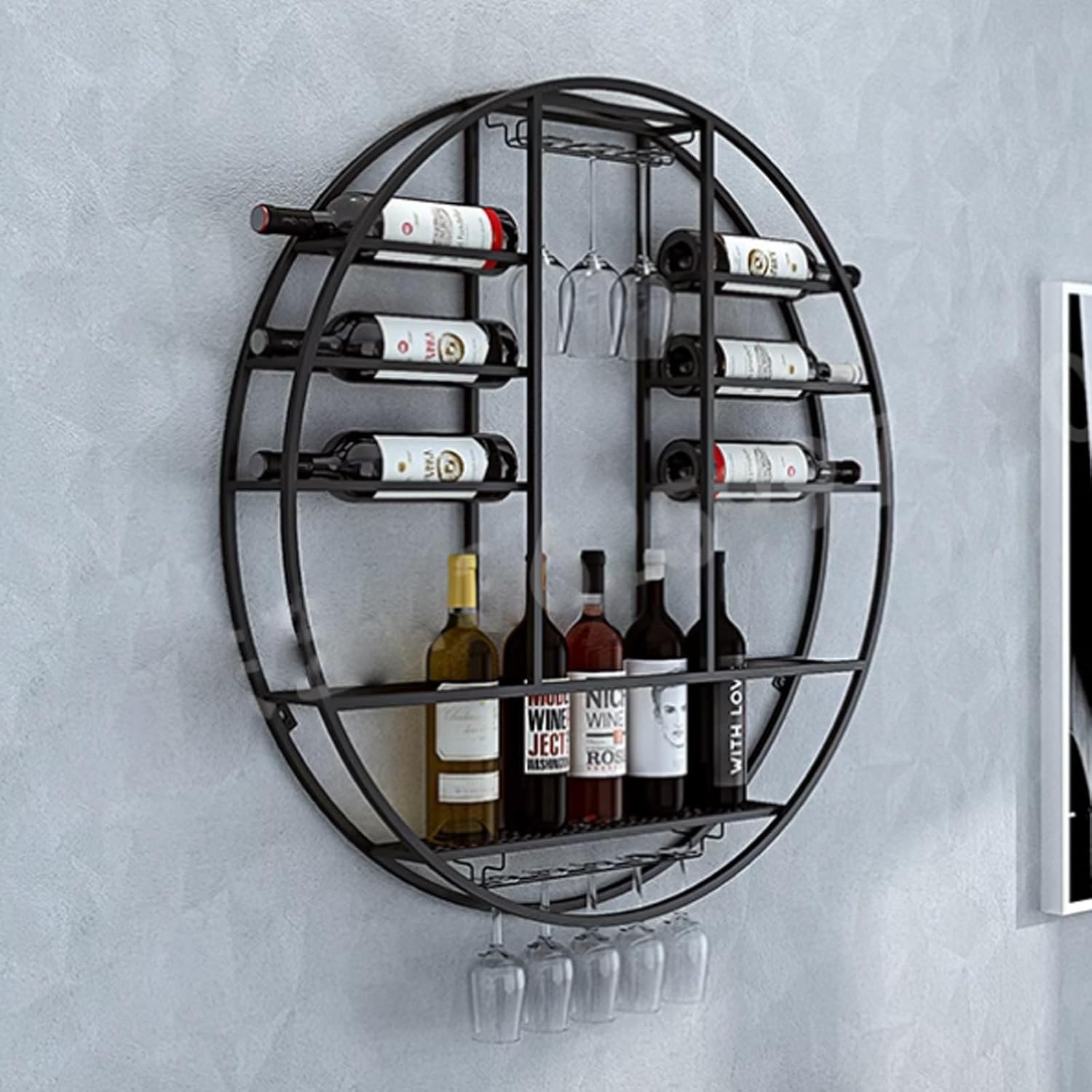 Casier à vin rond industriel en fer forgé suspendu pour design intérieur chic