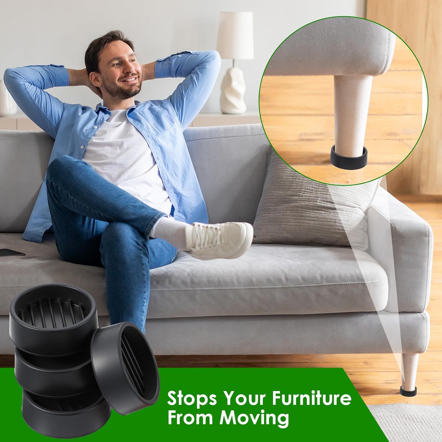 1.5x1.5 Round Rubber Furniture Caster Cups, Bed Leg Pads Non Slip, Non Slip Anti Skid Floor Protectors, Furniture Pads Bed Stopper with Grip for Hardwood Tile Laminate, 4 Pack