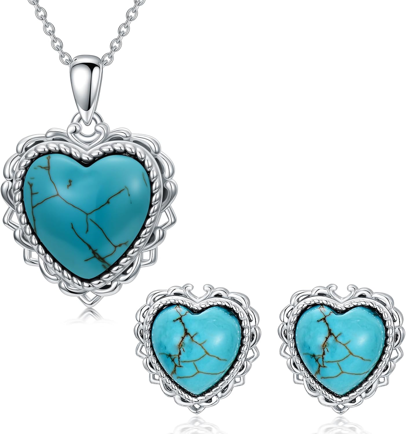 Real Turquoise Heart Necklace and Earrings 925 Sterling Silver Simple Western Jewelry Gift for Women