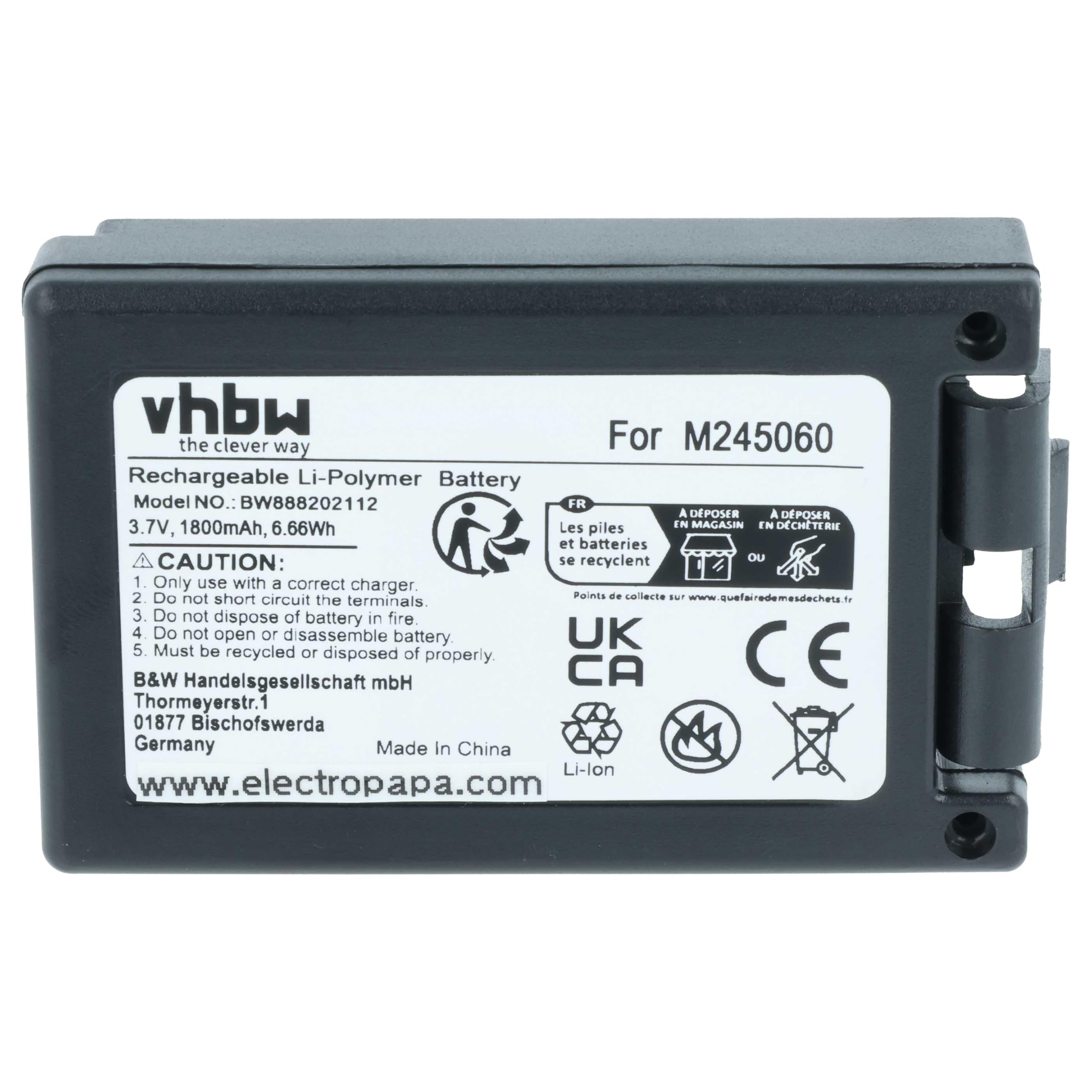 vhbw 2x batteria sostituisce Teleradio M245060, 22.381.2, D00004-02 per Radiocomando Industriale, Telecomando (1800mAh, 3,7V, Li-Poly) - Nero