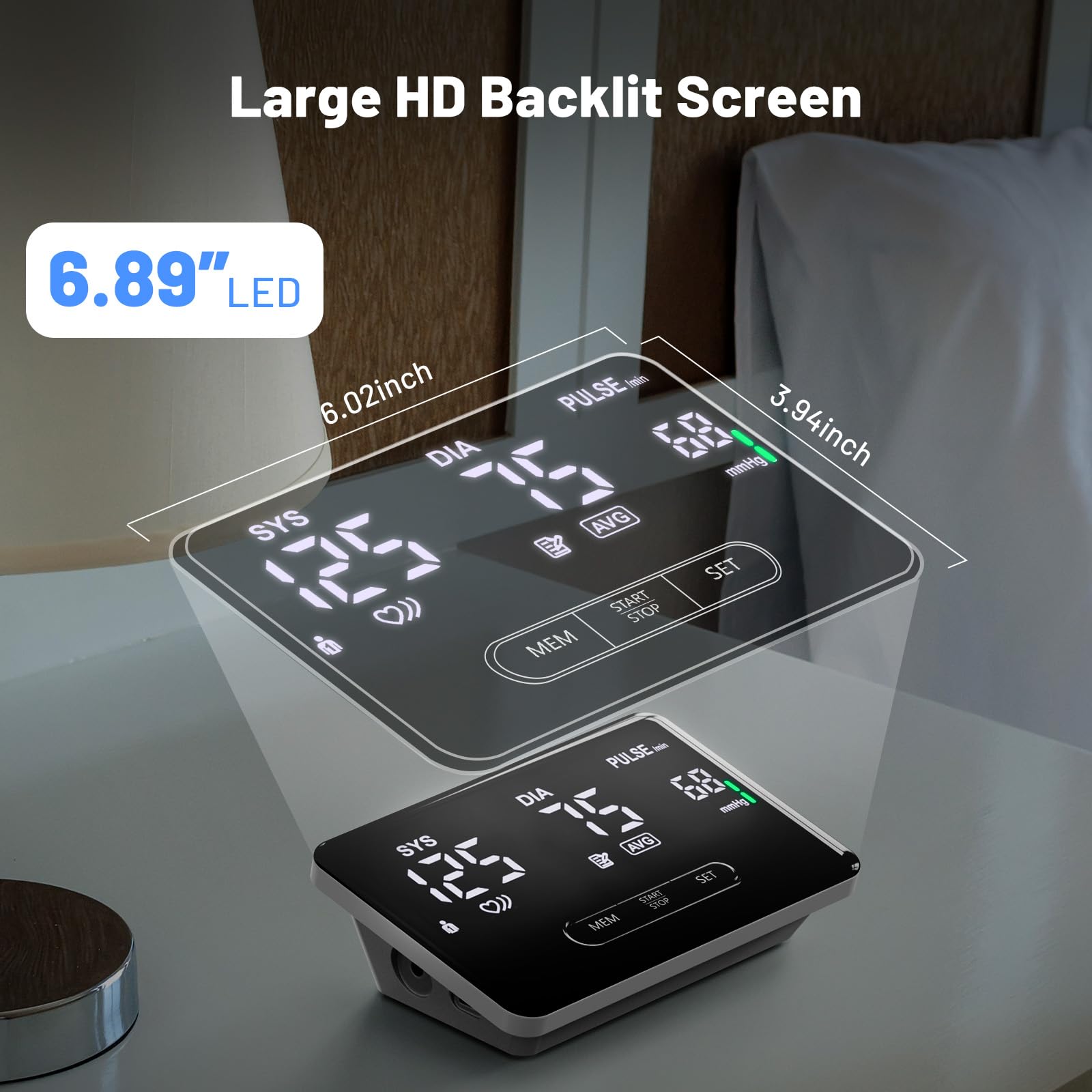 Smart Blood Pressure Monitor for Home Use, Bluetooth Upper Arm BP Machine with Large Cuff 8.66-16.54”, Accurate Digital Monitors 2x199 Readout, 6.89 inch Backlit LED Screen, Work with APP