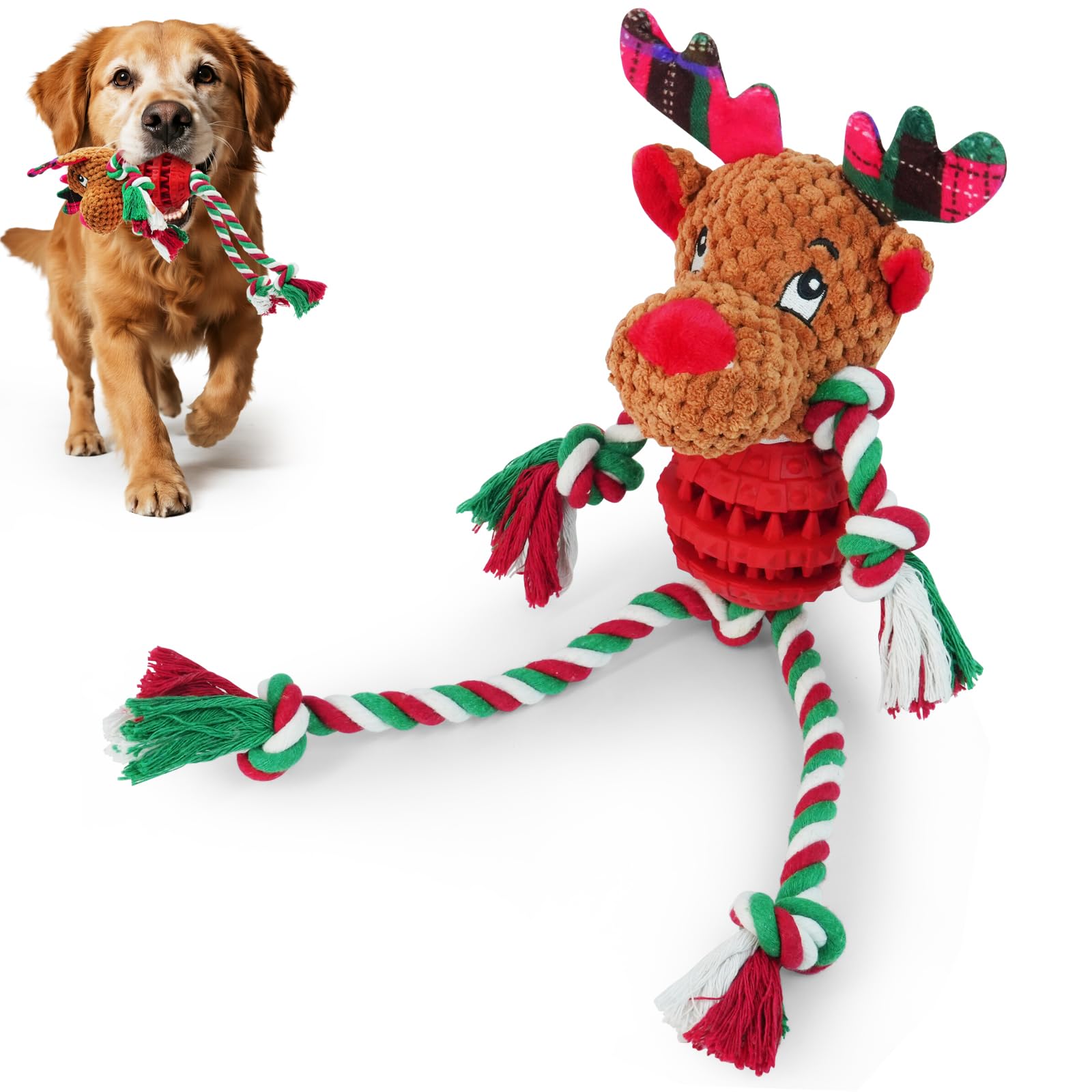 GONNCZ Christmas Dog Toy Reindeer with Rope Legs & Treat Ball – Plush Squeaky Chew Toy, Interactive Xmas Gift for Puppies, Small, Medium & Large Dogs