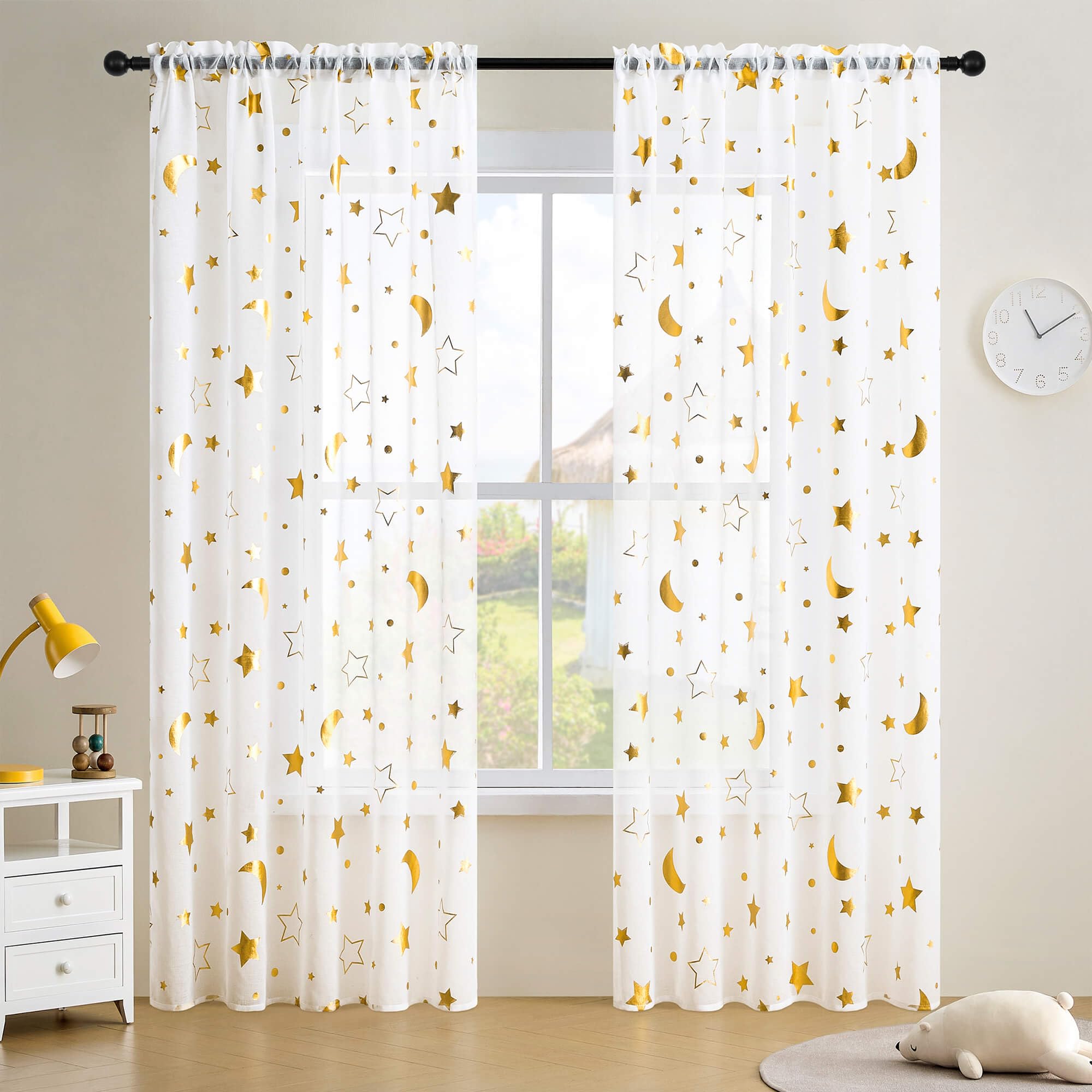 WUBODTI White Star Sheer Curtains 84 Inches Long for Kids Room Nursery, Cute Gold and White Star Moon Patterned Boby Curtain Rod Pocket Light Filtering Sheer Faux Linen Playroom Drapes 2 Panels โ image 1