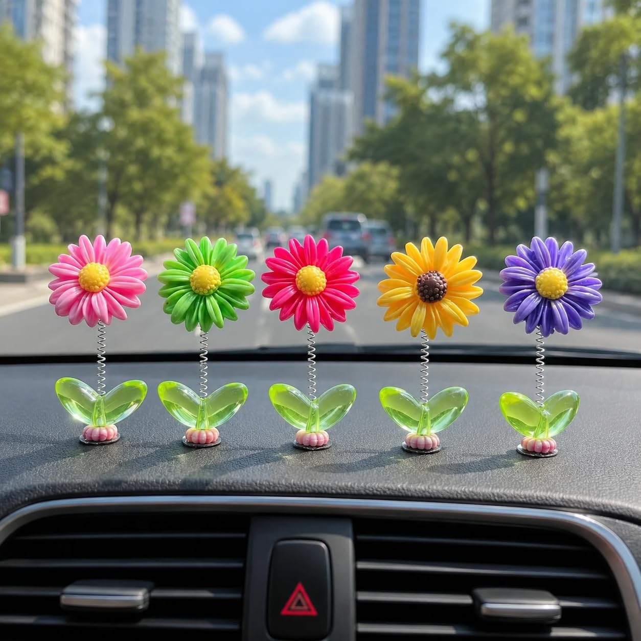 ZWIK Car Dashboard Decor Flower (5pcs) | Cute mini Shaking Head Dancing Sunflowers car Interior Decoration Accessories | Mirror Decorative Ornaments| (Multicolor)-image-3