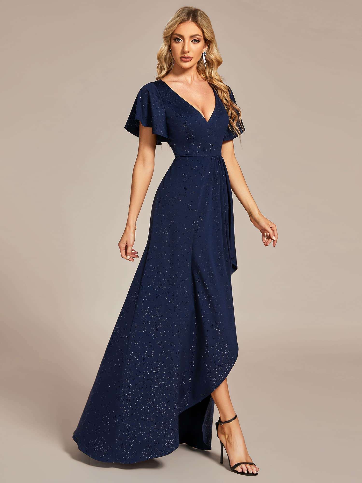 Vestido De Fiesta Elegante De Corte A para Mujer Manga Corta Cuello En V Vestido De Noche para Boda EE01738