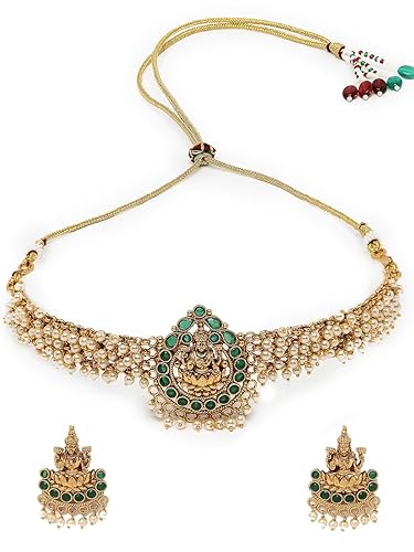 Sparkling Indian Temple Gold Plated Green Beads Choker Necklace Set With Studs Earring | Jewellery Set For Women (NS105622)