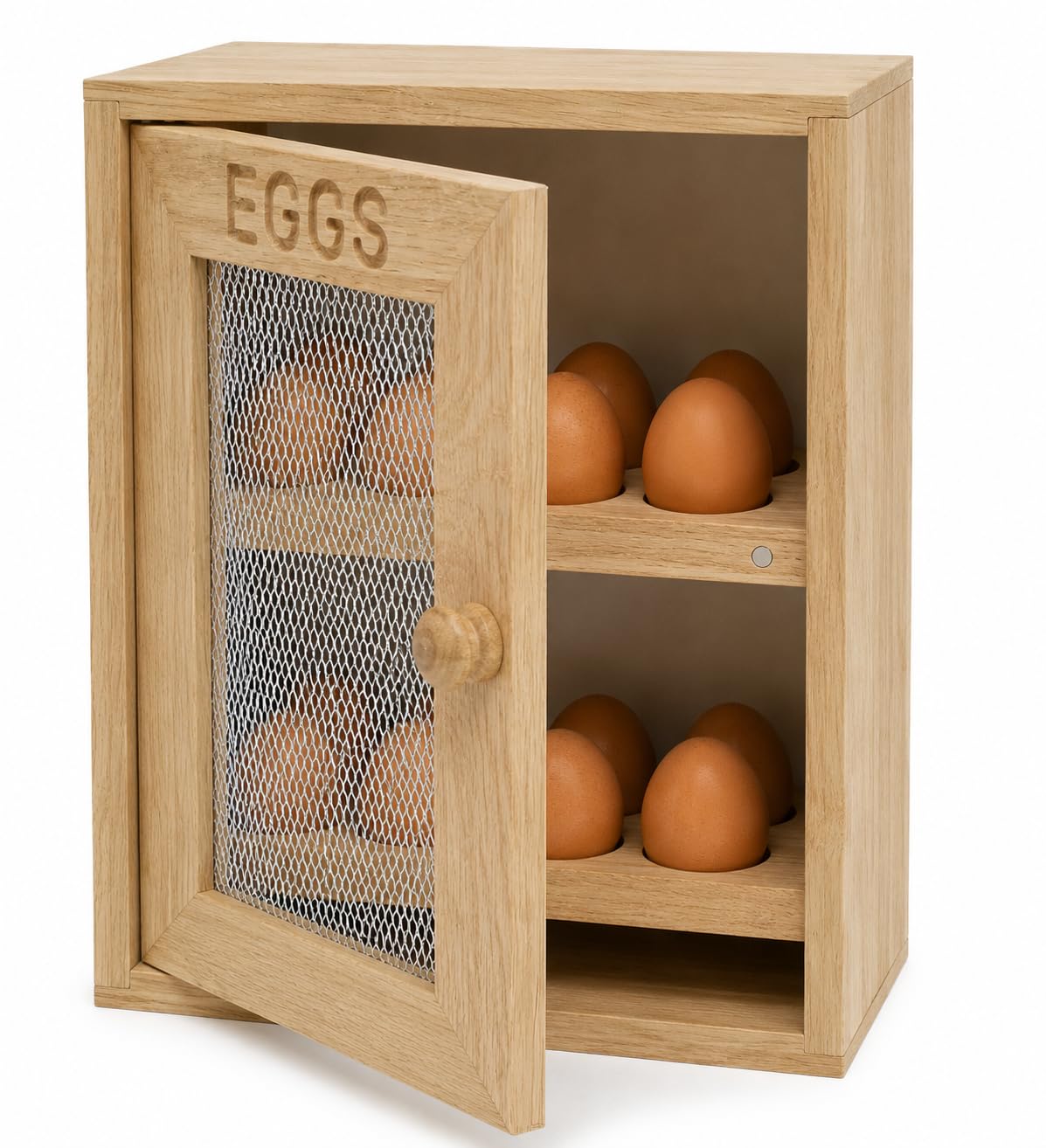 Wooden Egg Cabinet for 12 Eggs – Rustic Farmhouse Egg Holder with Ventilated Wire Mesh Door, Magnetic Shelves & Free Standing Kitchen Storage Rack, Countertop Egg Organiser, Wood