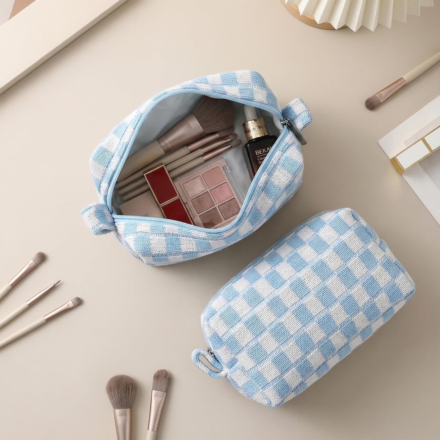 6pcs Checkered Makeup Bags Bulk, Cosmetic Bag Set Bridesmaid Gifts, Blue Makeup Pouch Cosmetic Bags Bulk for Bachelorette Party Favors, Bridesmaid Makeup Organizer for Women Travel Toiletry