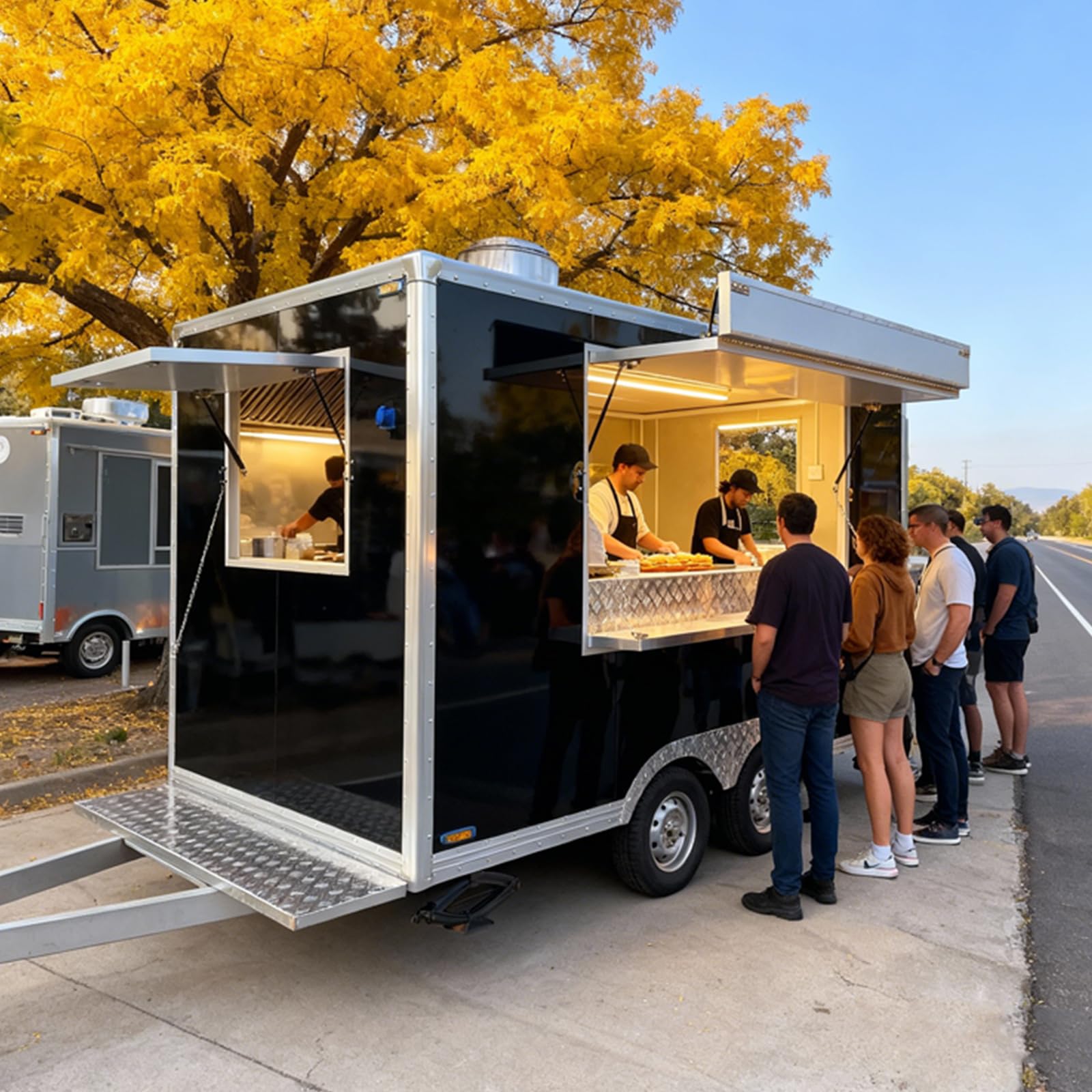Commercial Food Truck with Matching Concession Trailer – Complete Stainless Steel Mobile Kitchen Setup, for Street Vending, Catering and Festival Service
