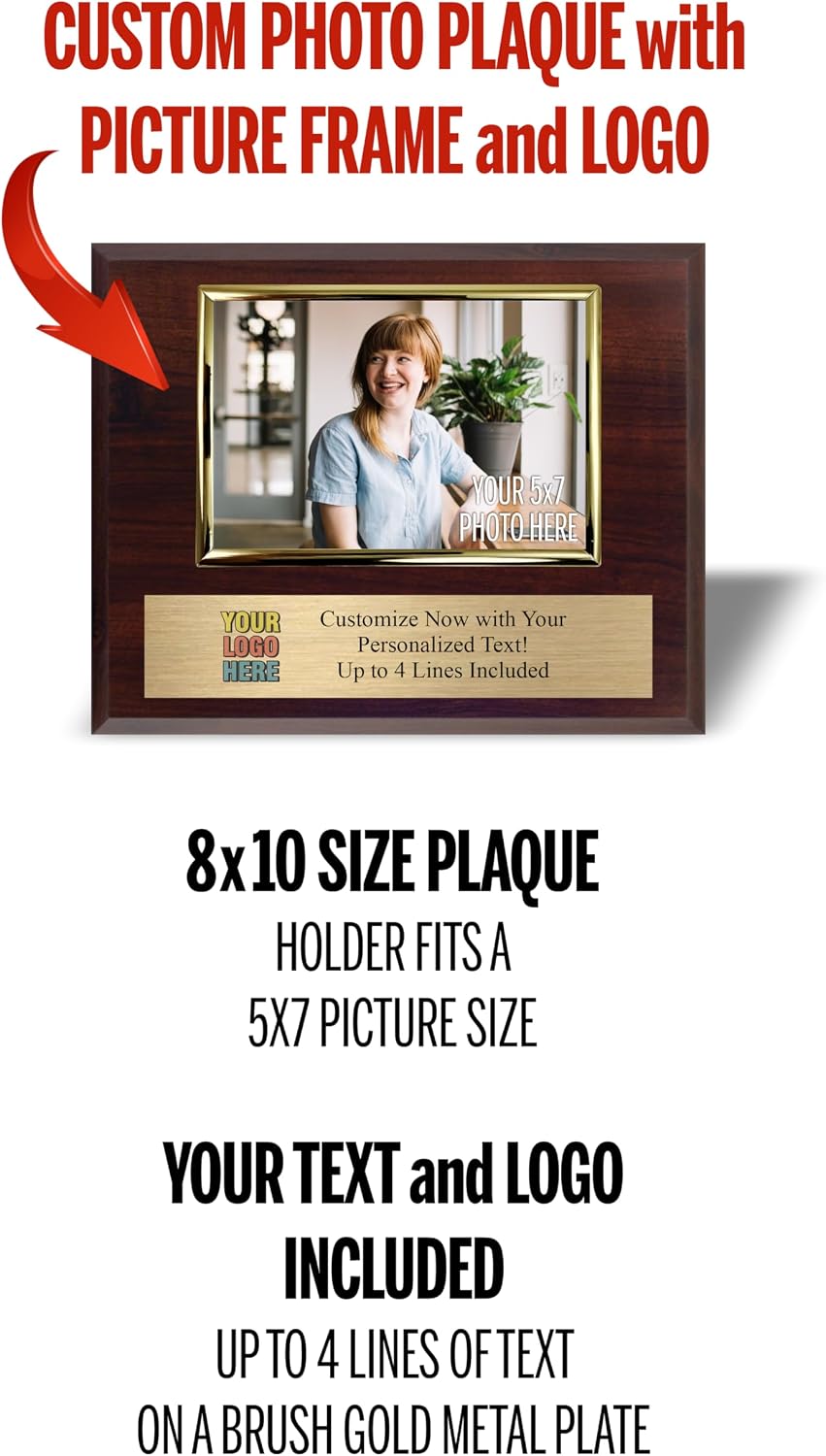 Custom Plaque with Photo and Logo | 8x10 Award Plaques Personalized with Your Text | Employee of The Month Plaque Awards | Add Your Photo to Frame