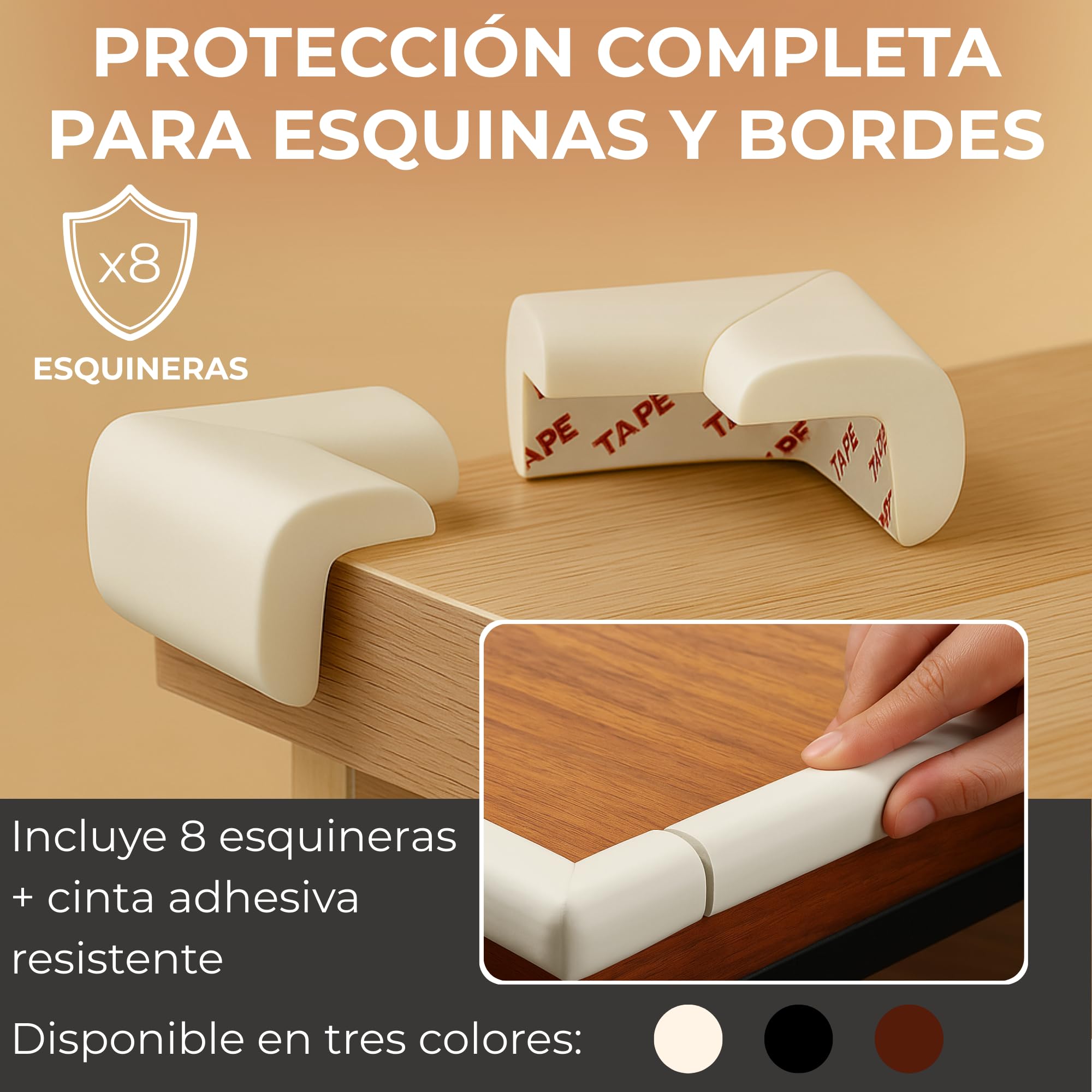Protector Esquinas y Bordes Bebé - 6 Metros de Cinta y 8 Cantoneras - Esquineras Protectoras de Muebles - Cantoneras Adhesivas de Espuma para Mesa, Pared - Protección Esquinas para Niños