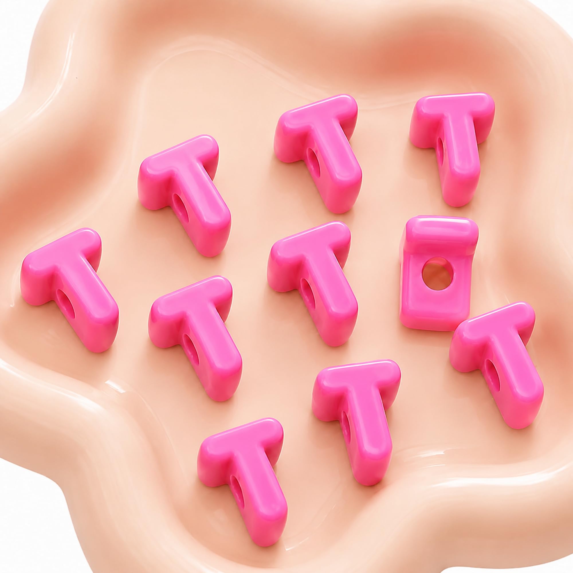 Letter Beads, 10pcs Alphabet Beads, Large Acrylic Letter Beads with 6mm Holes for Bracelet Making, Jewellery, Keyrings and Craft Projects (Pink, Letter T)