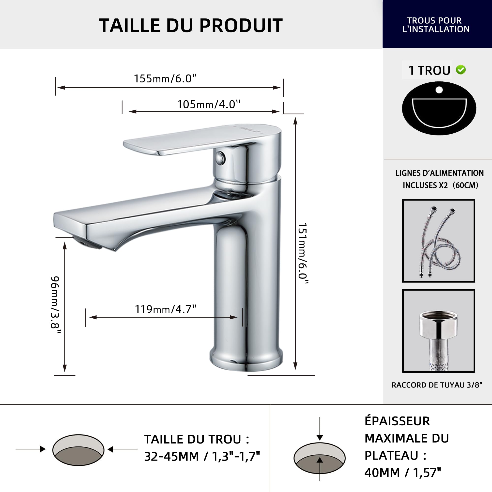 BELZ Mitigeur Lavabo Salle de Bain– Robinet Monocommande, Économie d’Eau et d’Énergie, avec Bec Hauteur 96 mm, Installation Facile, G 3/8 Robinetterie,Chromé