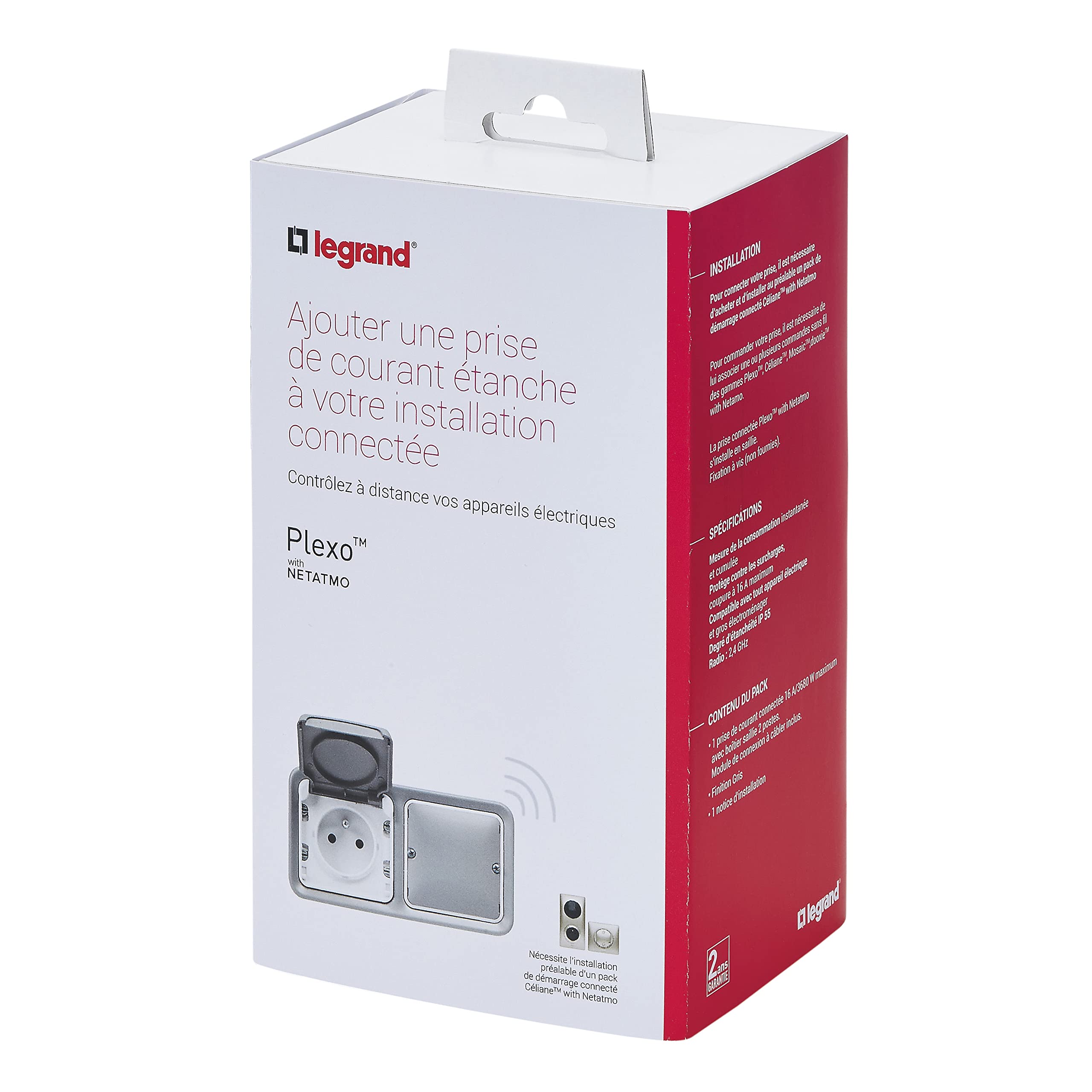 Legrand Prise Connectée Plexo (IP55) with Netatmo (Fonction Mesure, Suivi Consommation, Envoi de Notifications) - Boîtier Complet pour Montage en Sailli avec Prise Terre 16a - Gris - 199271 - Legrand