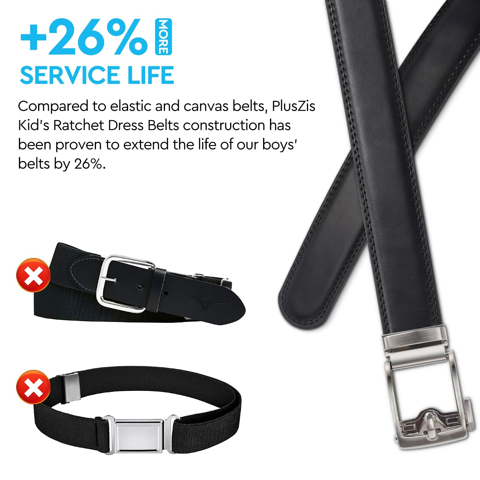Ceinture en cuir Easy-release pour garçons, ceinture à cliquet de 1" de large pour les occasions formelles et quotidiennes.