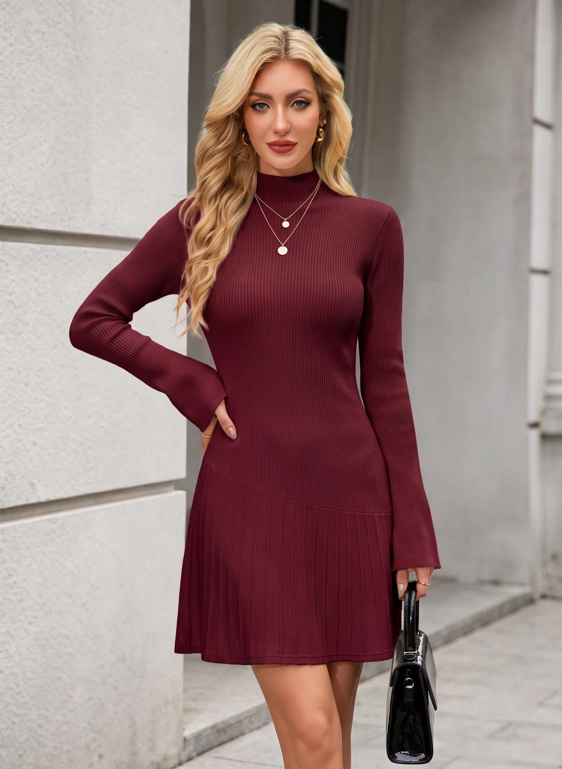Strickkleid Damen Langarm Elegant Winter Pulloverkleid