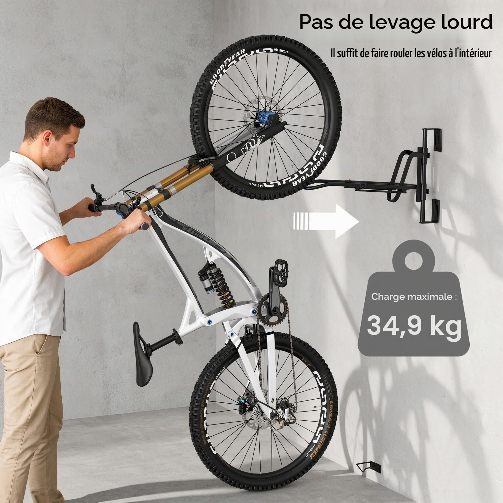 Housolution Support Mural Pivotant pour Vélo,Porte-vélo sans Levage, 1Pcs | pour Roues jusqu'à 29",Crochets de Vélo pour Garage,Porte-vélo Économiseur d'Espace,pour Pneus d'un Diamètre de 3,14" Max