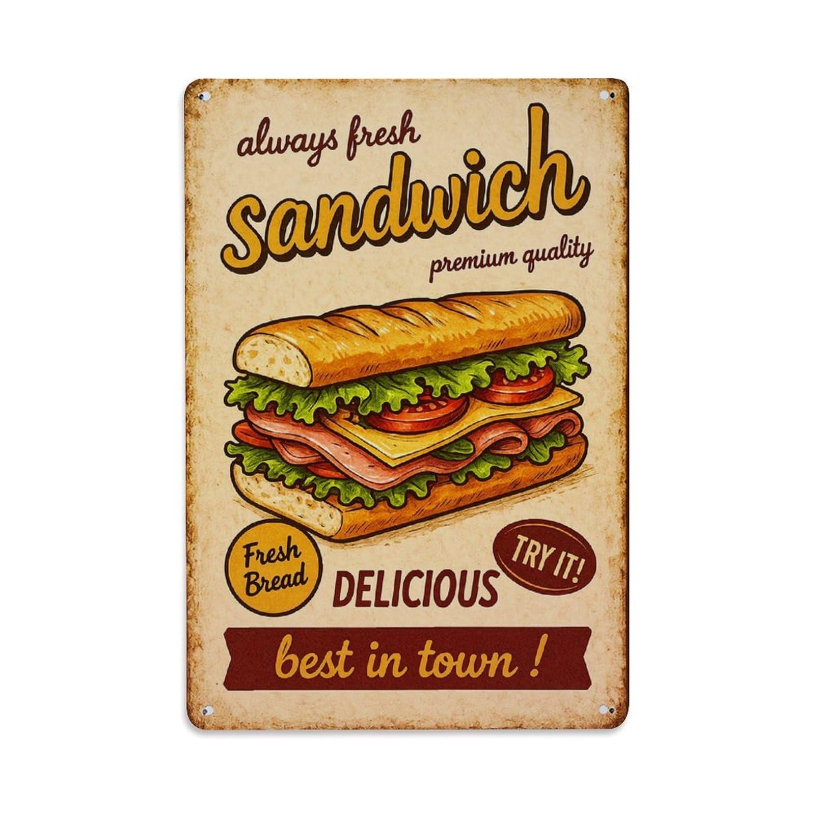 Jdfenggu Vintage Fresh Sandwich With Lettuce And Tomato Retro Metal Tin Sign, Metal Poster For Bar, Home, Man Cave, Kitchen, Laundry Room Art Decor 8X12 Inch