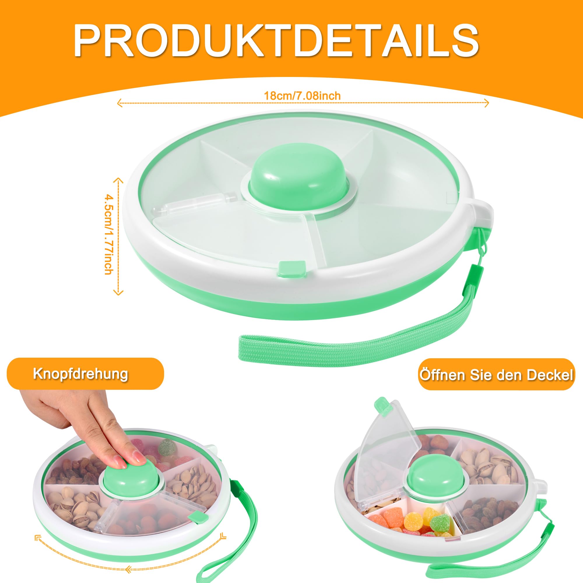 Snack Spinner Boîte à goûter pour enfant avec compartiments ronds réutilisables - Organisateur de collations, melon, bonbons, graines, fruits