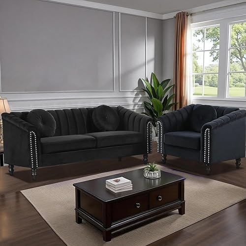 Moderno conjunto de sofá Chesterfield de terciopelo de lujo, sillón de franela, reposabrazos enrollados tapizados para sala de Estar, dormitorio,