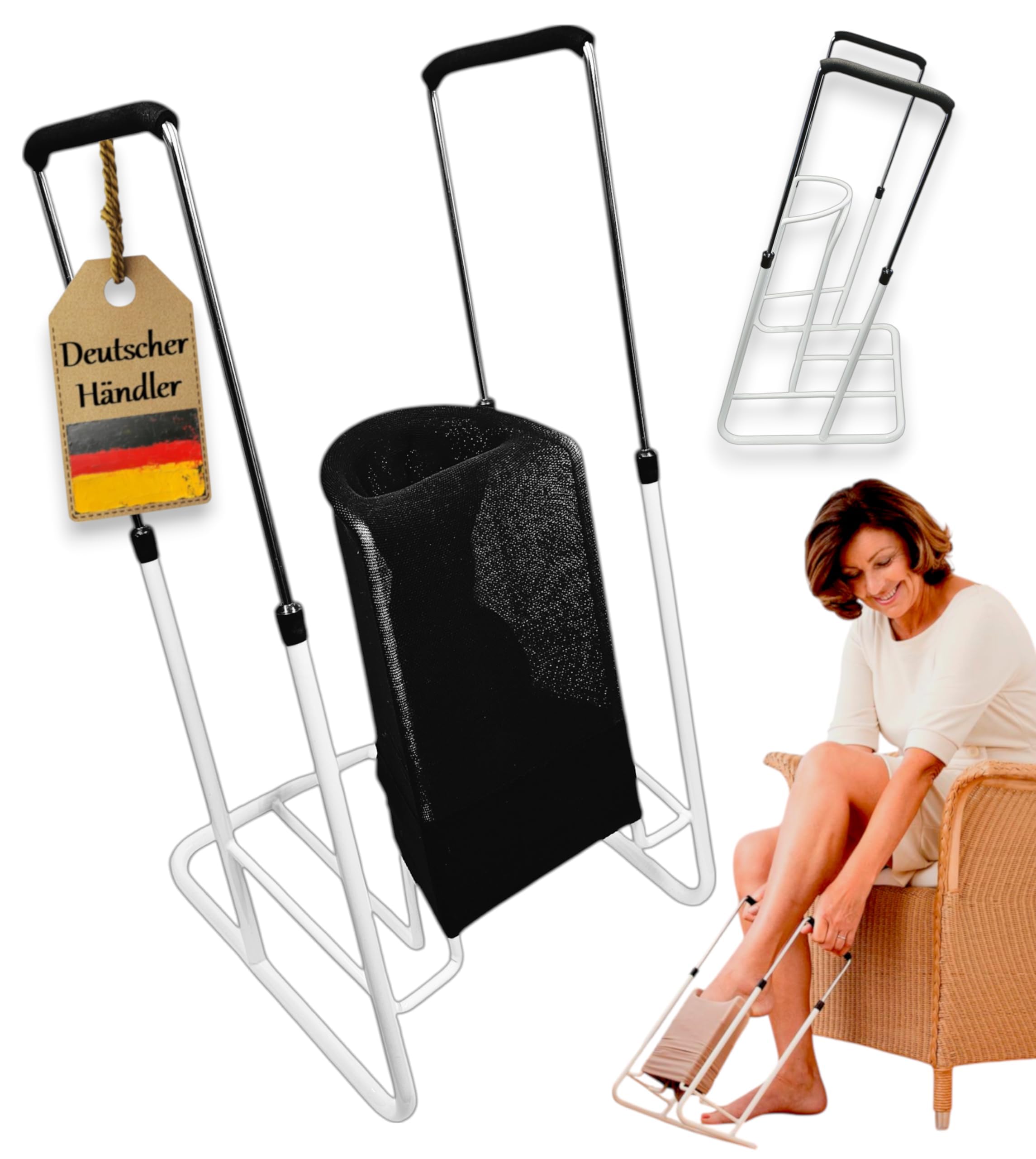 FabaCare Strumpfanzieher Anziehhilfe 12 cm für Kompressionsstrümpfe | Höhenverstellbar 41–61 cm, für Stütz- & Thrombosestrümpfe, knie- & hüfthoch, Metallgestell mit PU-Griffen