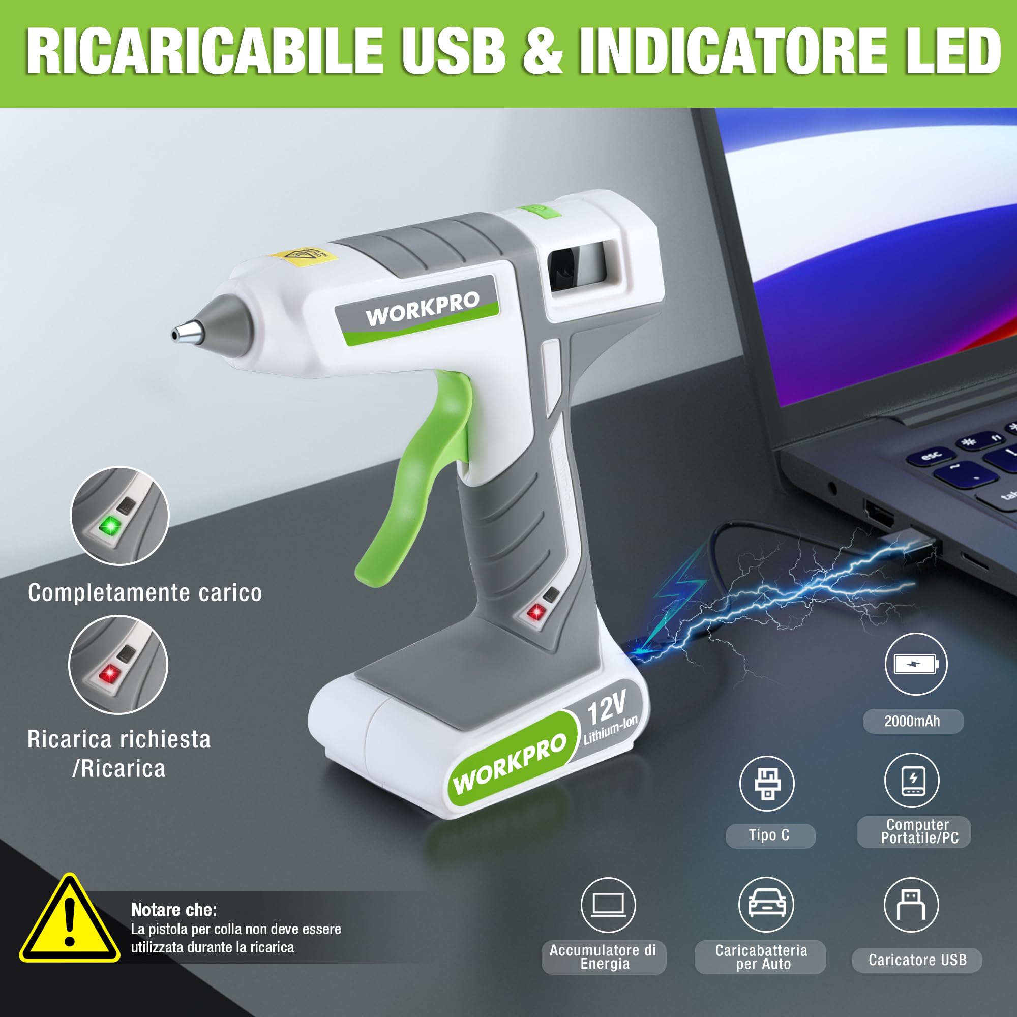 WORKPRO Pistola Colla a Caldo, Pistola per Colla a Caldo Senza Fili da 12 V, con 20 Stick di Colla (11 * 200 mm), Preriscaldamento Rapido, per Fai da Te