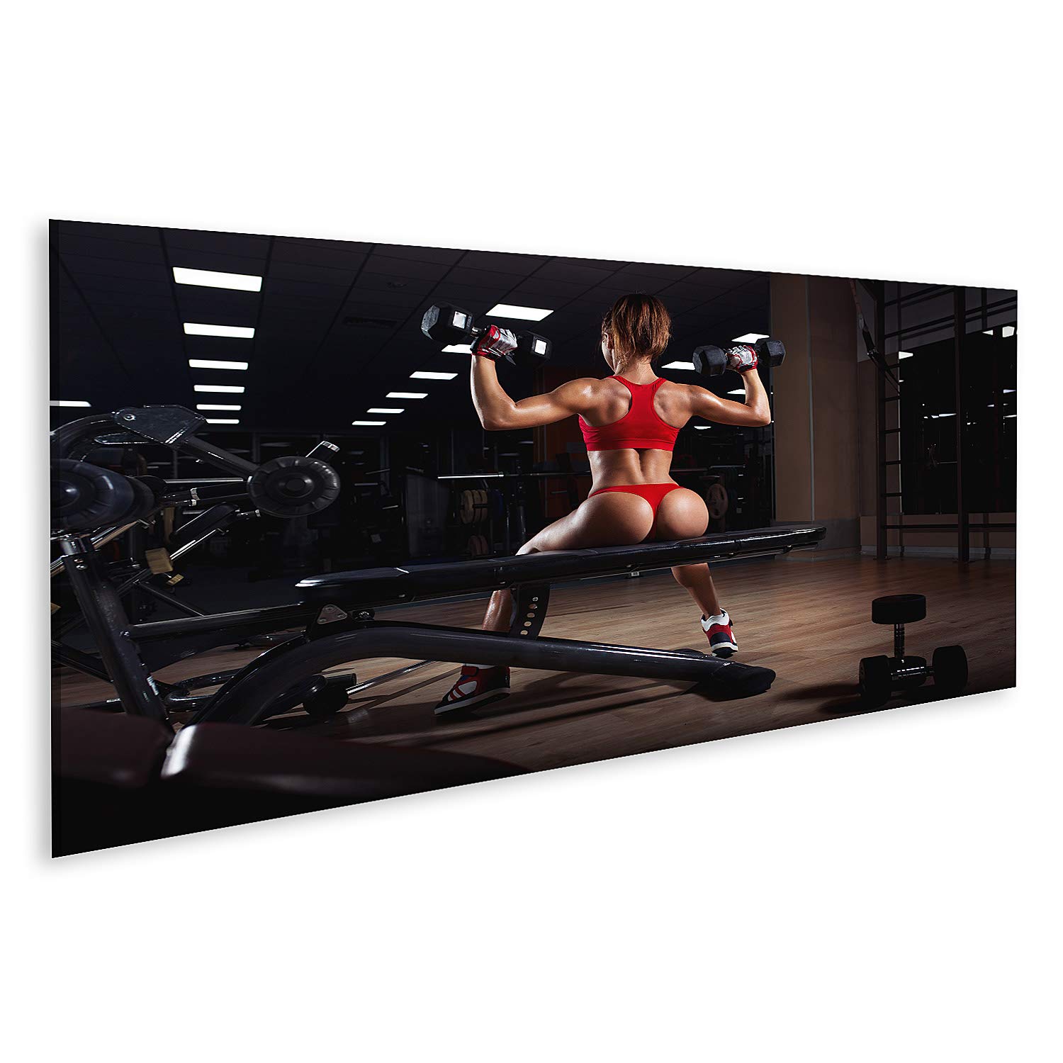 islandburner Quadro su tela giovane donna di fitness in rosso con i muscoli della schiena tagliuzzato facendo manubri pressa spalle in palestra Stampe Arte Poster Murale