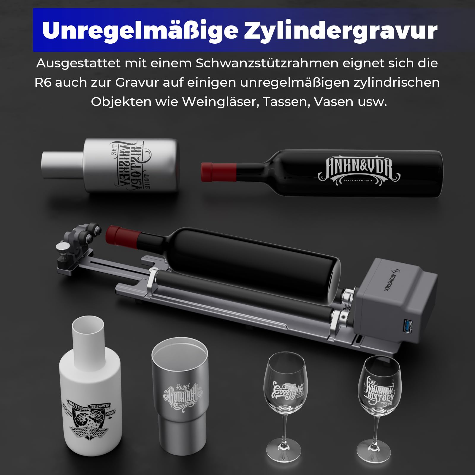 ATOMSTACK R6 Rotationswalze für P1 Laser Gravüreimaschine, mit 4 Hebelfüßen, zur Gravur auf Zylindern, Tassen, Stiften, Nudelstangen und Dosen (R6)