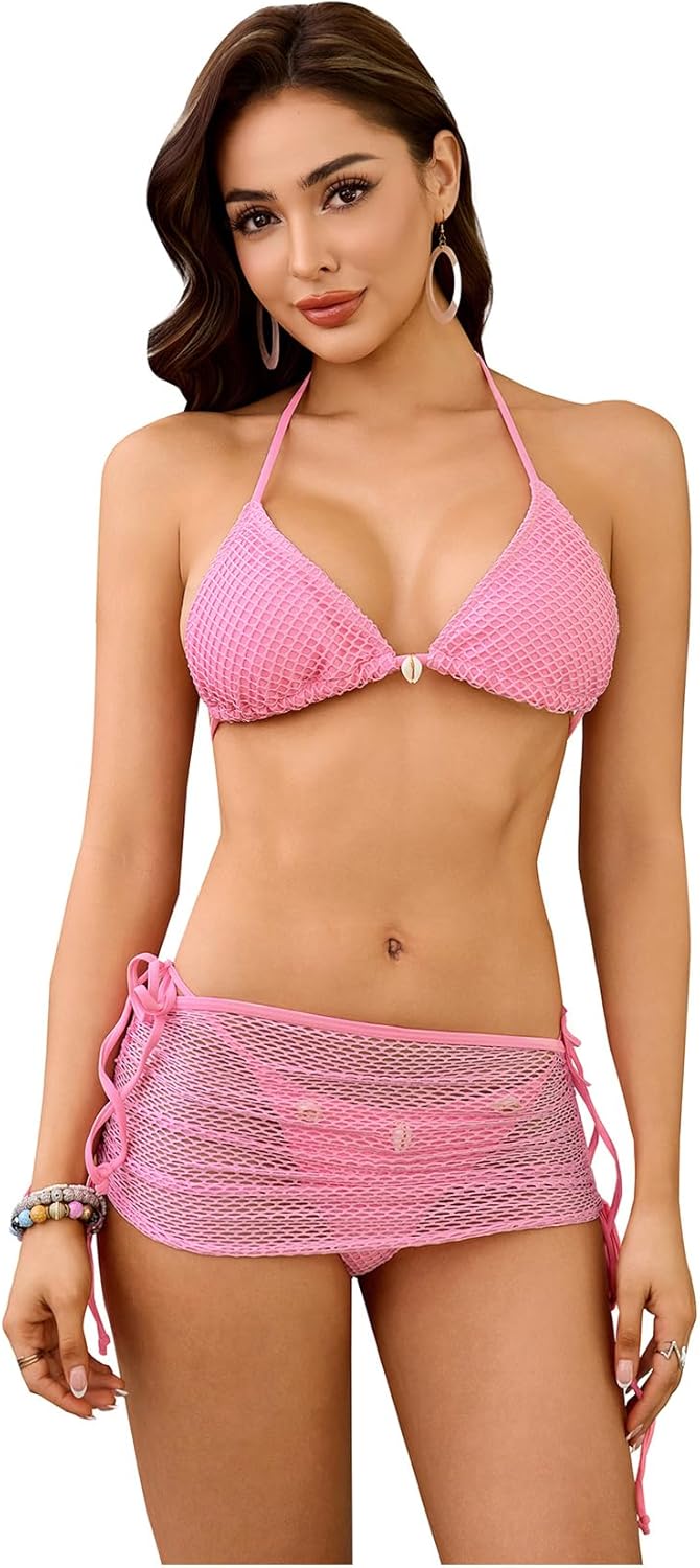 SOLY HUX Women's 3 Piece Swimsuit Fishnet Halter Triangle String Bikini Set Bathing Suit with Cover Up Beach Skirt