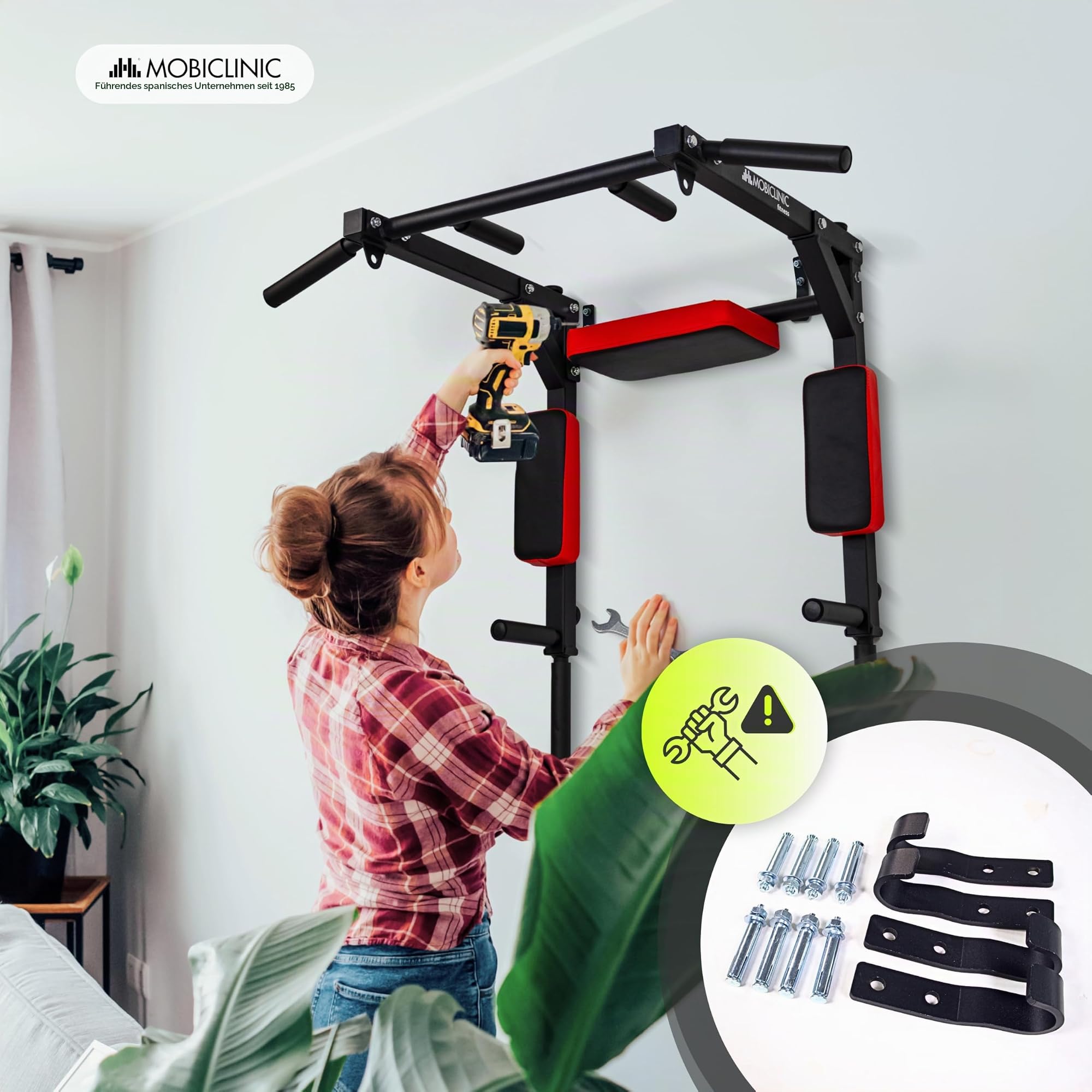 Mobiclinic®, Klimmzugstange, 2 in 1, Wendbare Struktur für Dips, Klimmzüge und Sit-Ups, Verstärkter Stahl, Rückenkissen und Gepolsterte Stützen, 4 Ankerhaken, Multifunktion, Q2