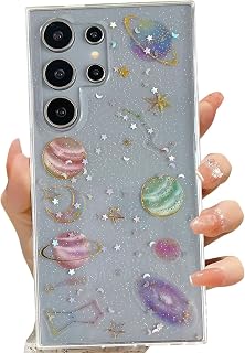 LSEEKA Samsung Galaxy S24用超透明手机壳、闪闪发光的星星、行星通用设计、闪亮可爱超薄软TPU保护女士女孩手机套Samsung Galaxy S24 Ultra用