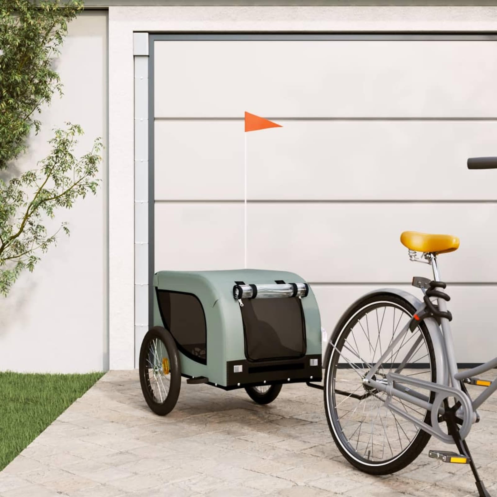 Gecheer Fahrradanhänger für Hunde, Grau und Schwarz, Oxford-Gewebe und Eisen, 133x69x73,5 cm, mit Zwei Türen, Netzfenstern und Reflektoren, for Haustiertransport, Camping oder Einkäufe