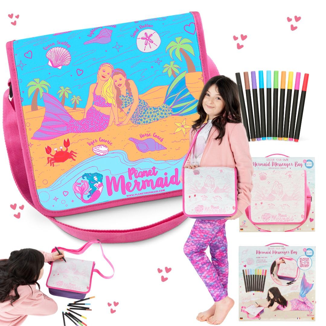Planet Mermaid Pink Colour Your Own Mermaid Bag With 10 Vibrant Felt Tip Pens, Arts And Crafts Activity Colour Your Own Bag Gift Idea For Creative Children Aged 6+