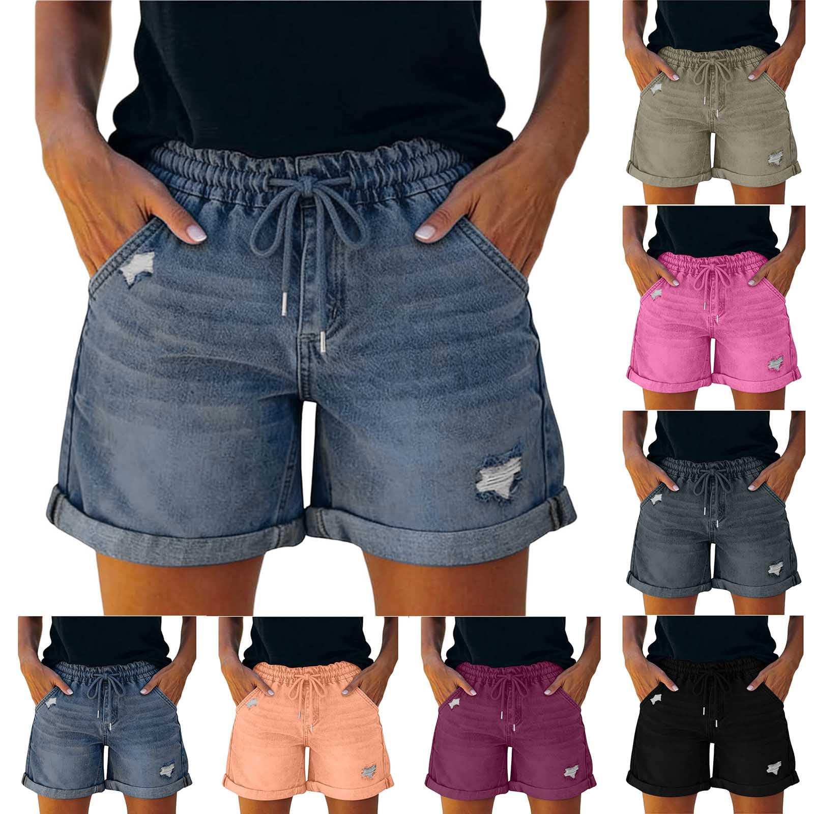 Shorts Vaqueros para Mujer, Cintura Elástica con Cordón, Estilo Casual, Dobladillo Enrollado, Pantalones Cortos Vaqueros Rotos Anchos con Cintura Alta Verano Casual Bermudas Shorts Jeans