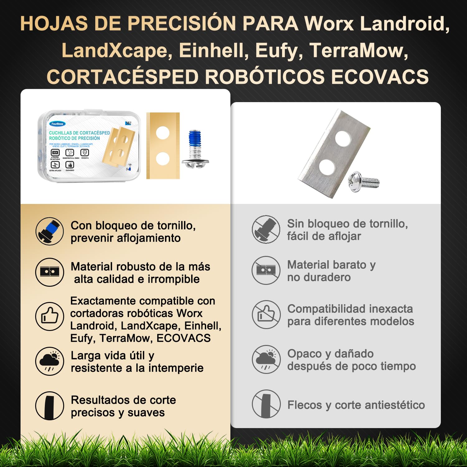 Lote de 36 cuchillas compatibles con Worx Landroid, LandXcape, Einhell, Eufy, TerraMow, ECOVACS Robot cortacésped, cuchilla de repuesto de titanio robusta, incluye tornillos con pintura de seguridad