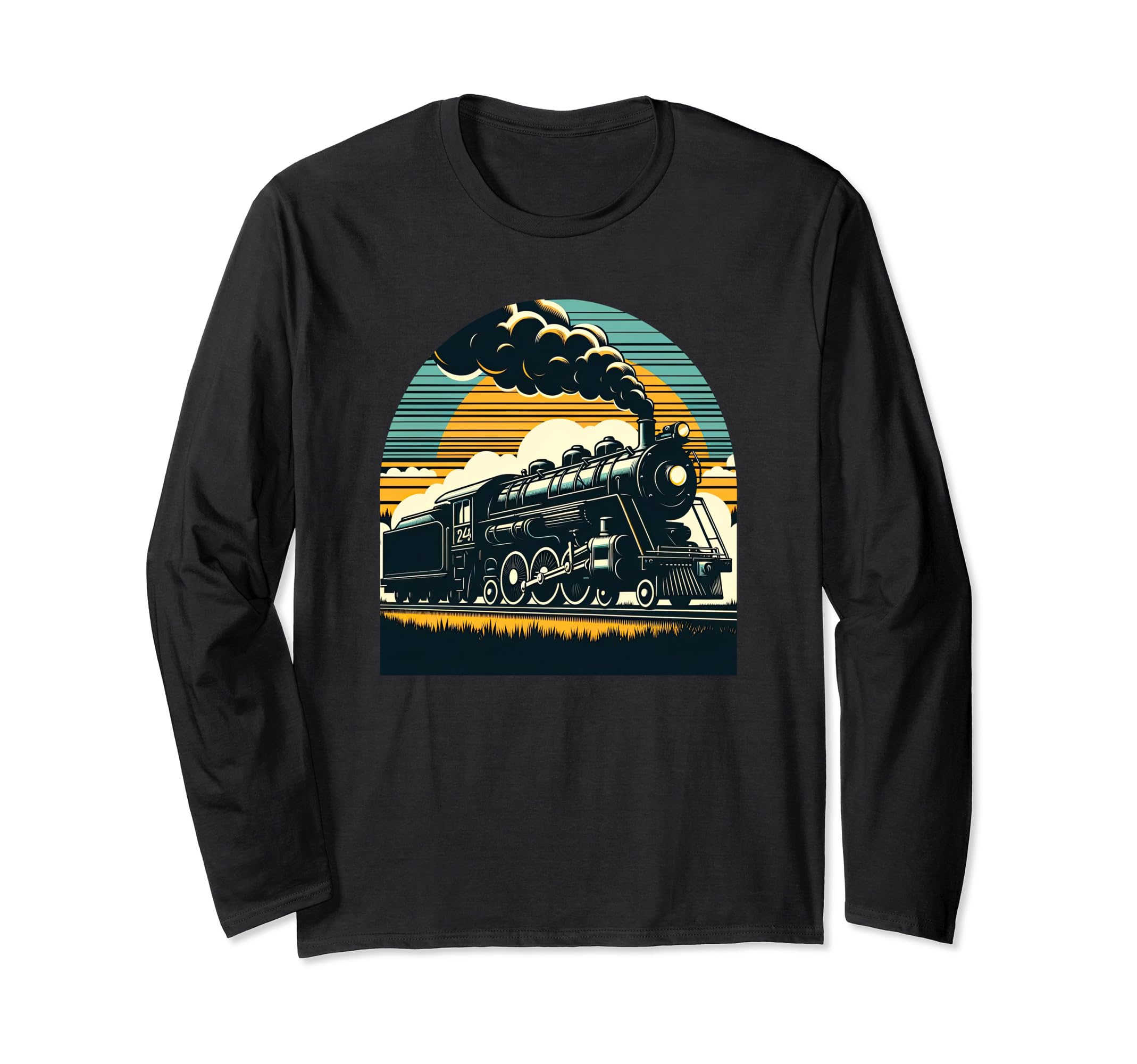 Vintage Steam Engine Train Locomotive Cool Sunset Railroad Long Sleeve T-Shirt