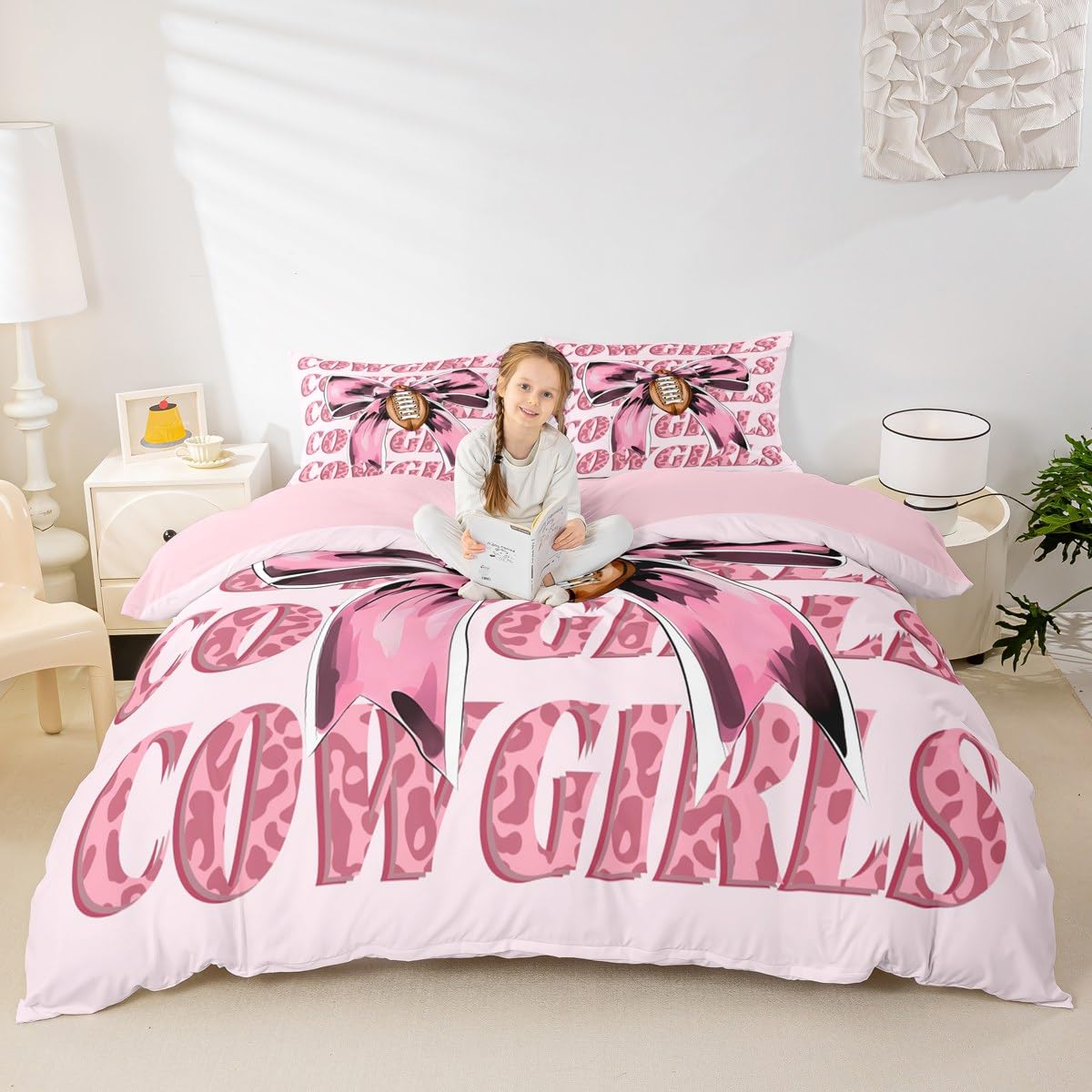 Homewish Różowa kokarda poszewka na kołdrę king size futbol amerykański zestaw pościeli dla dziewczynek dzieci zachodni kowboje kokarda krawat poszewka na kołdrę kawaii akwarela lampart nadruk pościel