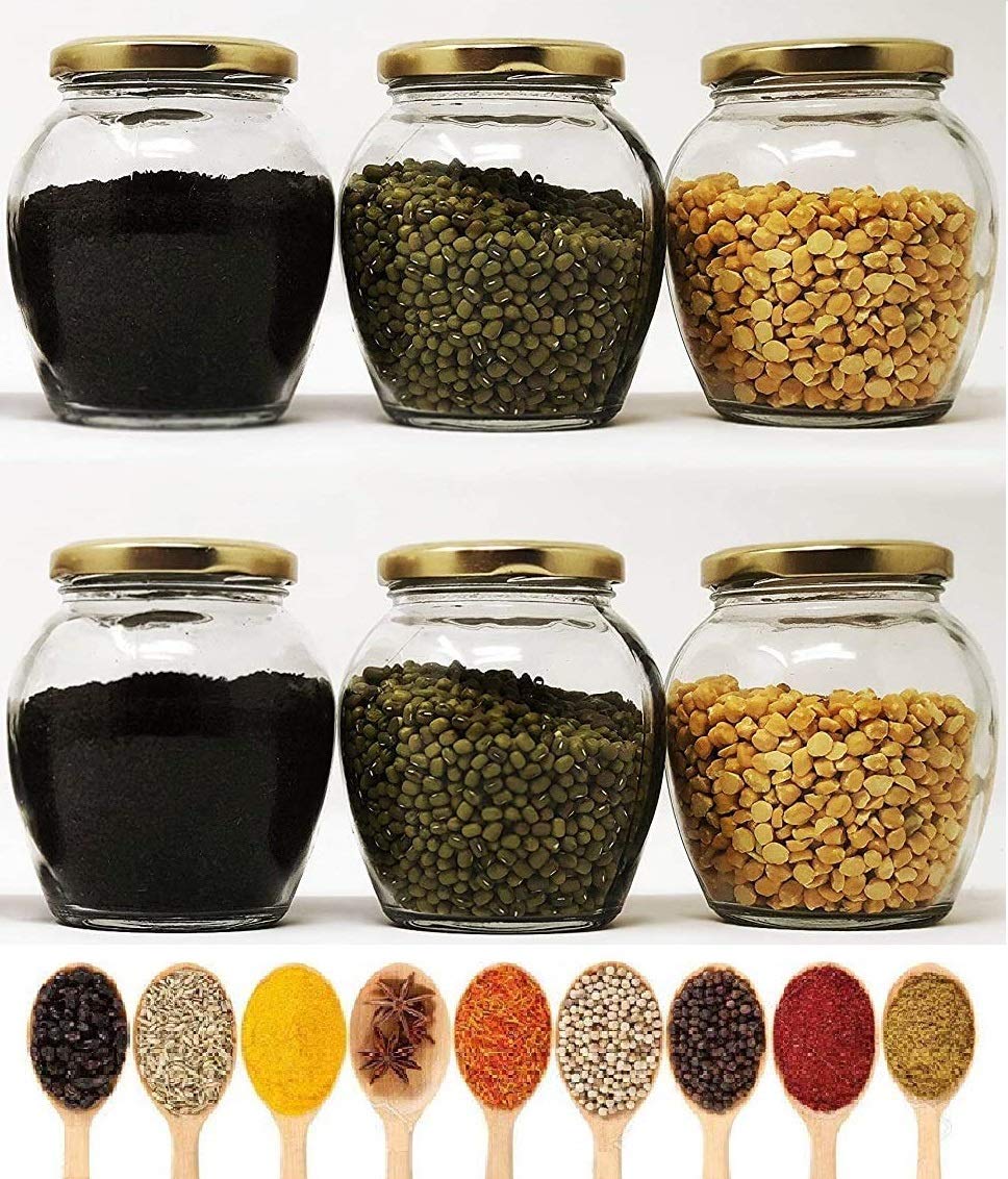 PRAMUKH FASHION Glass Container With Lid - 500 ml, 6 Pieces, Multicolored